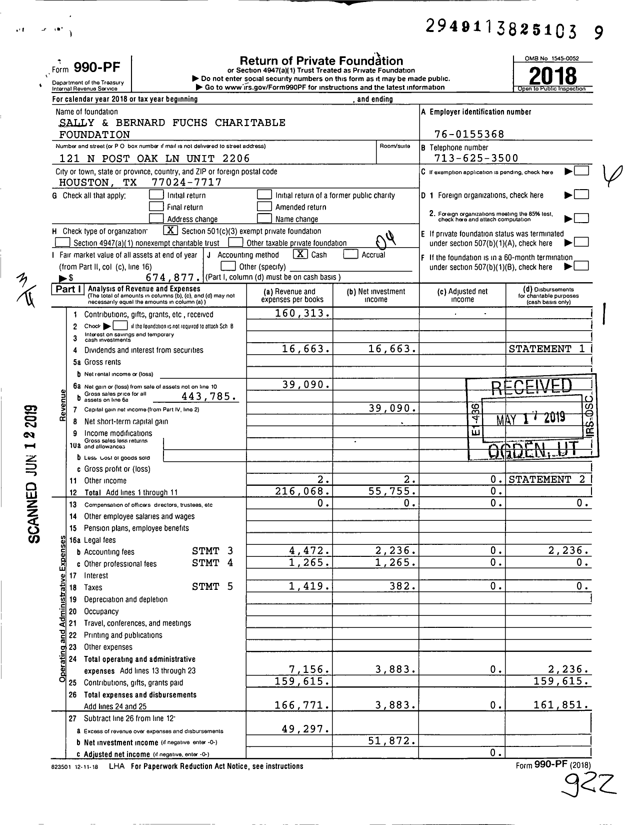 Image of first page of 2018 Form 990PF for Sally and Bernard Fuchs Charitable Foundation