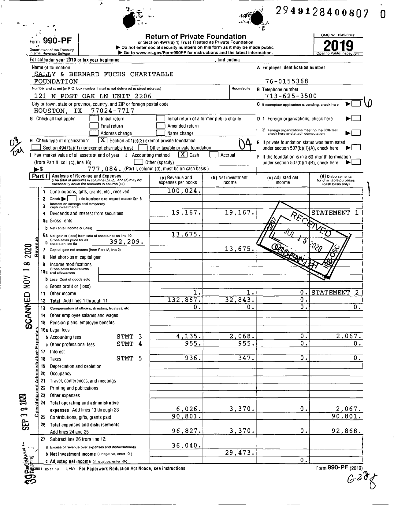 Image of first page of 2019 Form 990PF for Sally and Bernard Fuchs Charitable Foundation