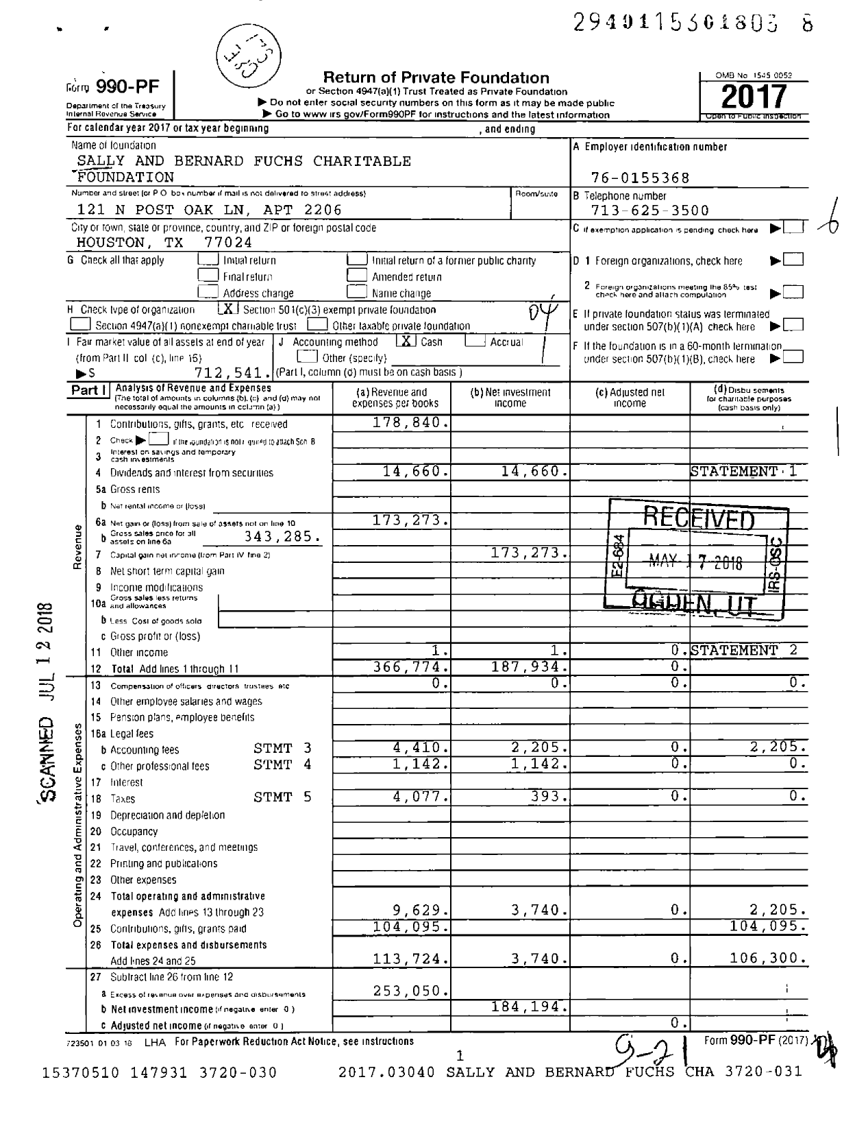 Image of first page of 2017 Form 990PF for Sally and Bernard Fuchs Charitable Foundation