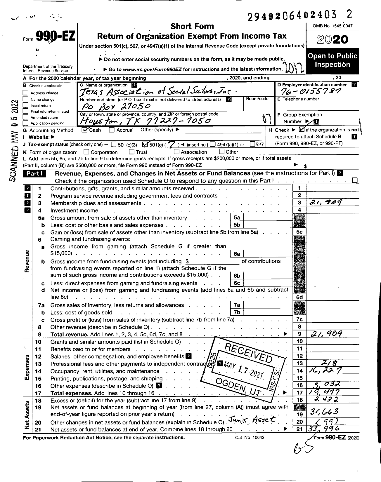 Image of first page of 2020 Form 990EO for Texas Association of Social Sailors