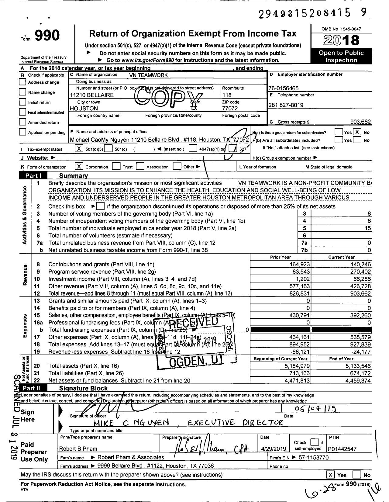 Image of first page of 2018 Form 990 for VN Teamwork