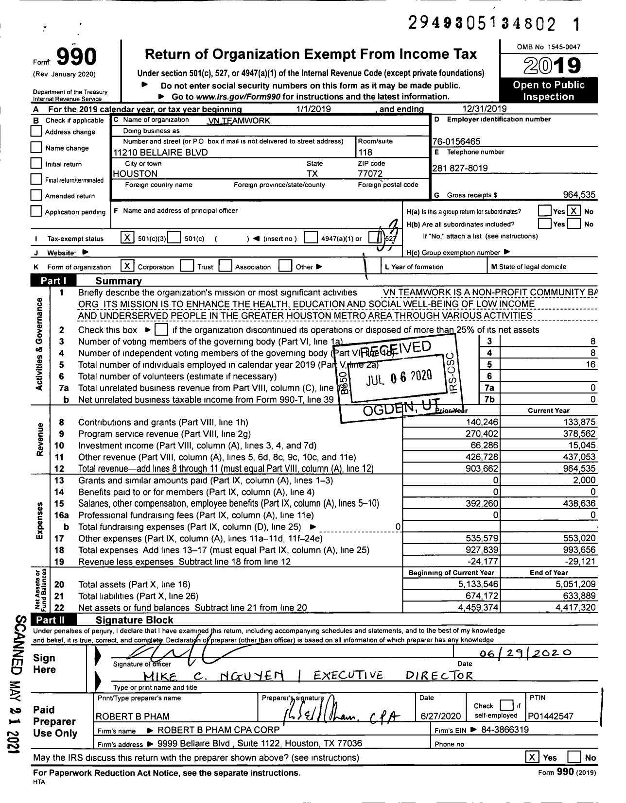 Image of first page of 2019 Form 990 for VN Teamwork