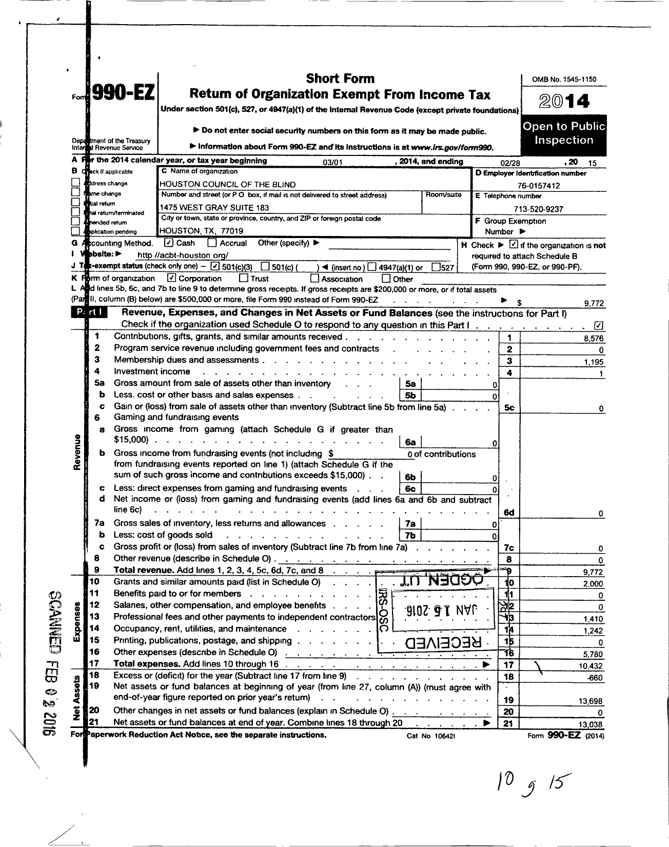 Image of first page of 2014 Form 990EZ for Houston Council of the Blind