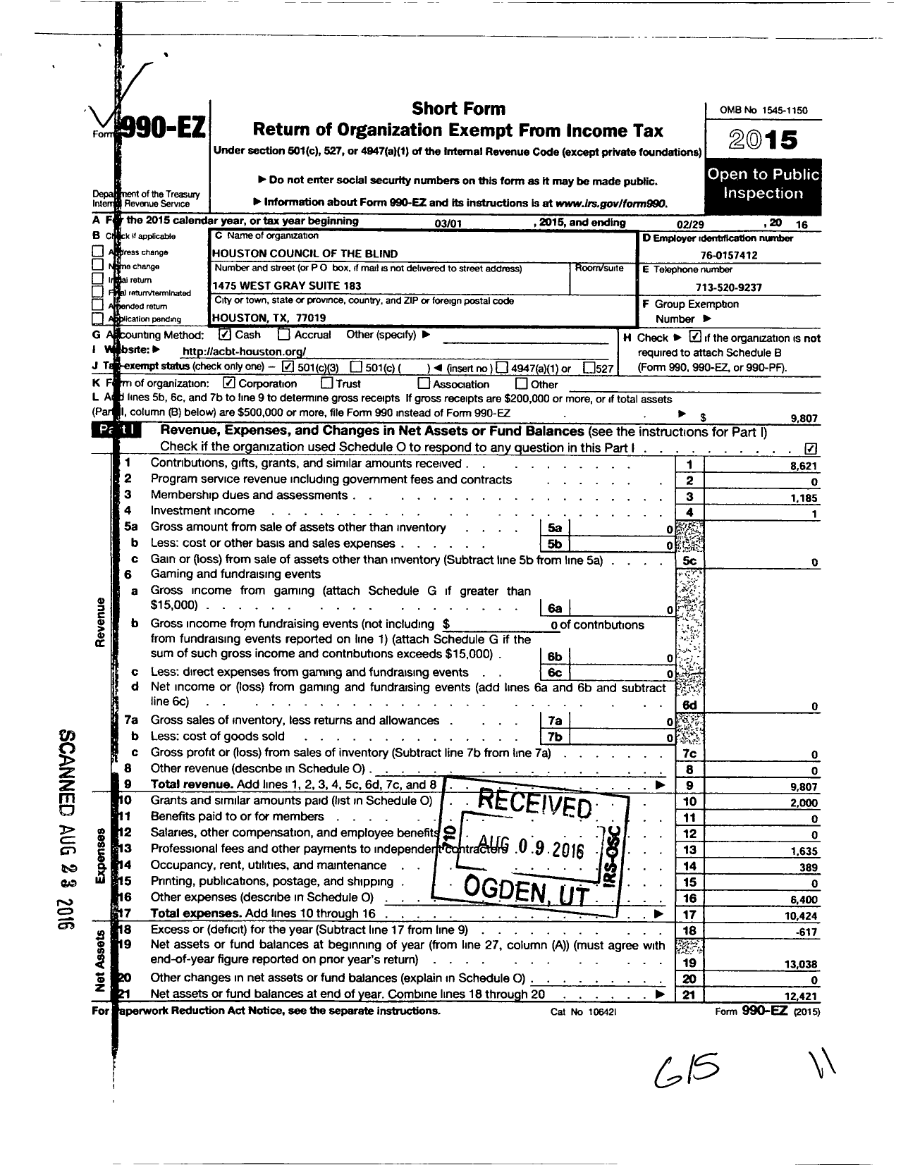 Image of first page of 2015 Form 990EZ for Houston Council of the Blind