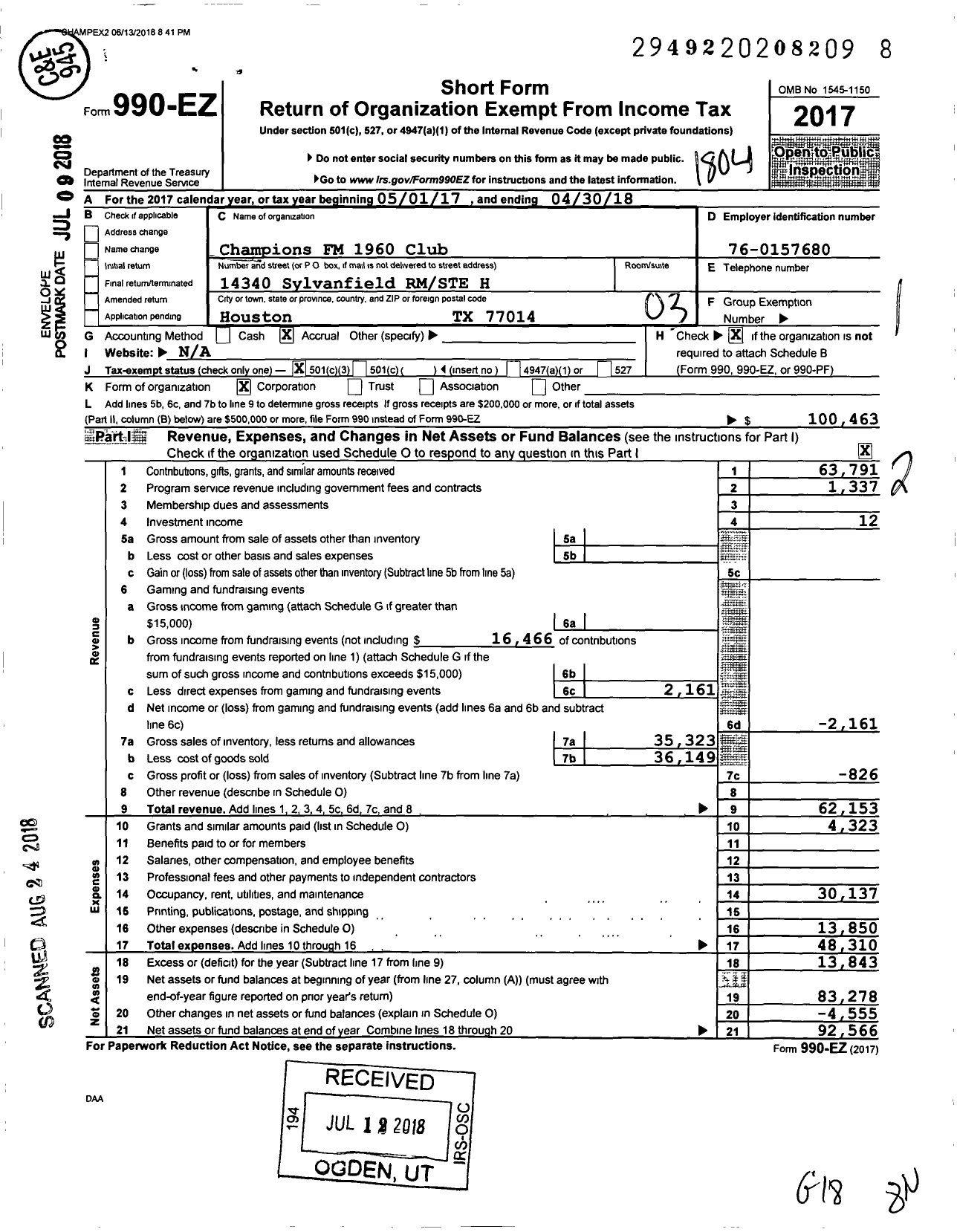 Image of first page of 2017 Form 990EZ for Champions FM M 1960 Club