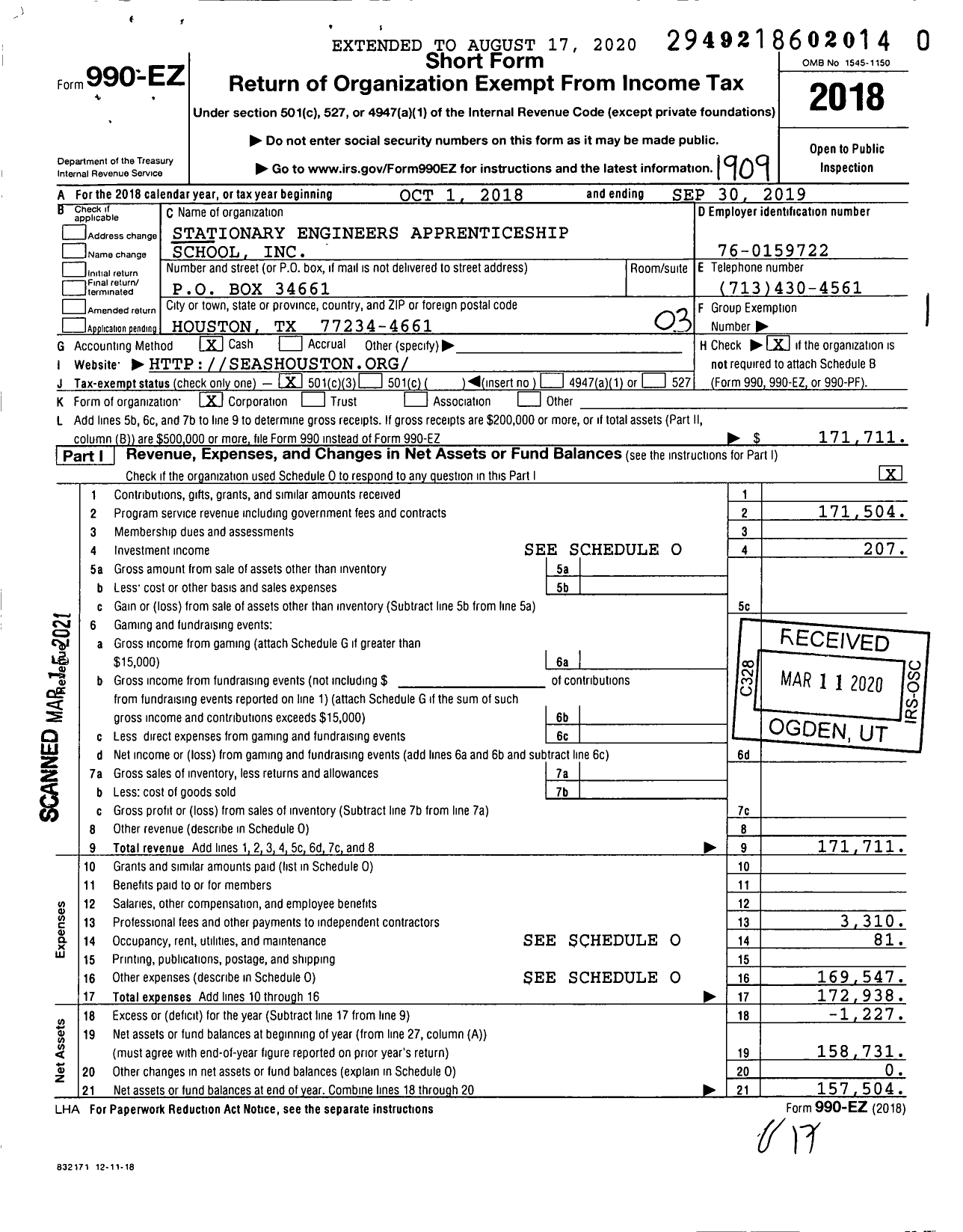 Image of first page of 2018 Form 990EZ for Stationary Engineers Apprenticeship School