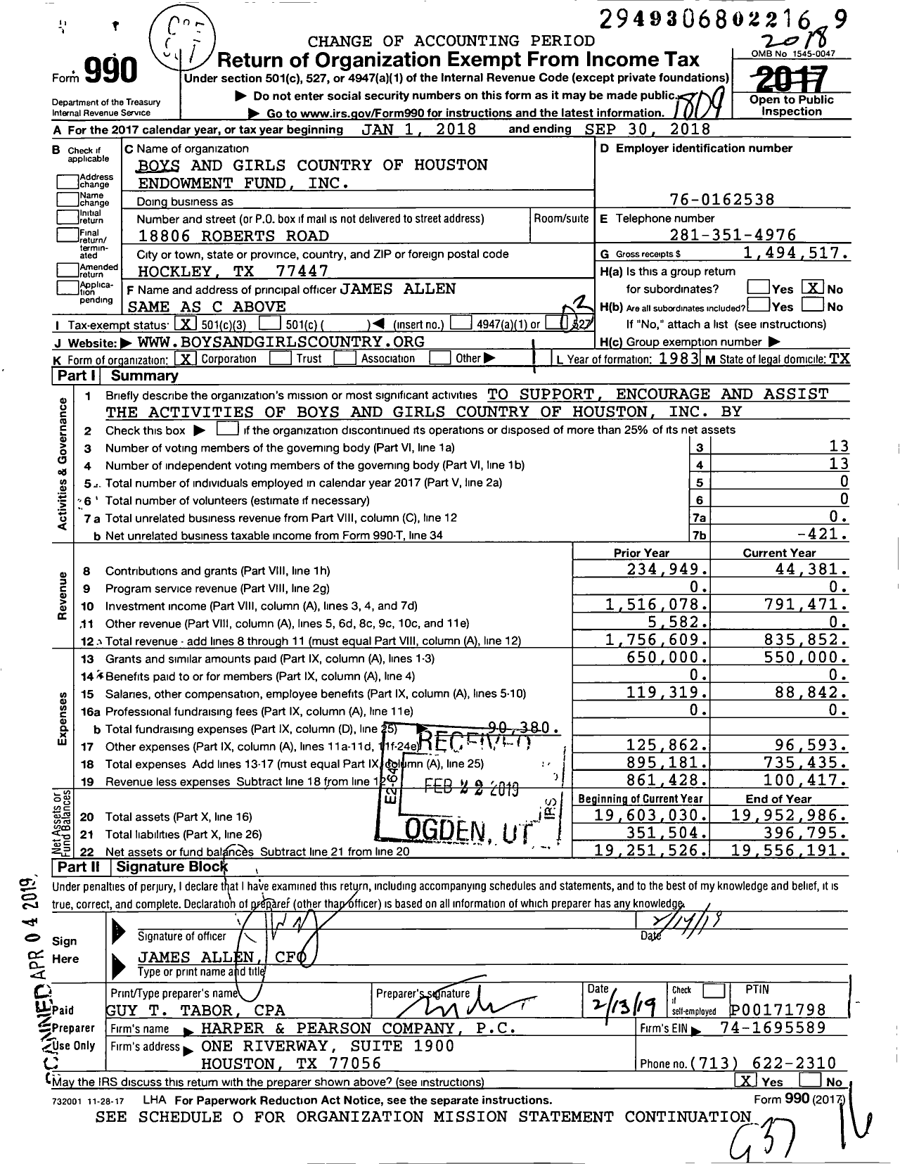 Image of first page of 2017 Form 990 for Boys and Girls Country of Houston Endowment Fund