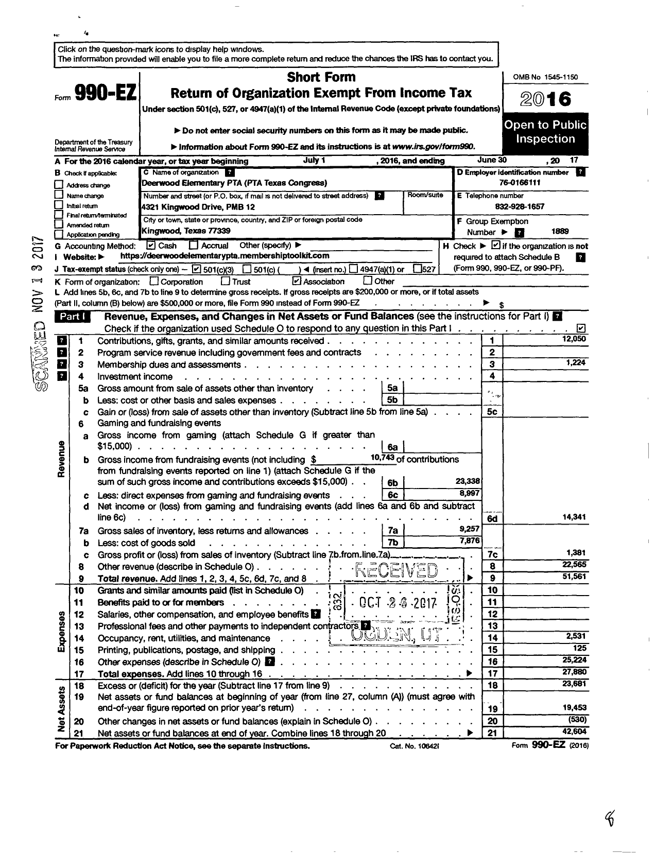 Image of first page of 2016 Form 990EZ for TEXAS PTA - 5849 Deerwood Elementary