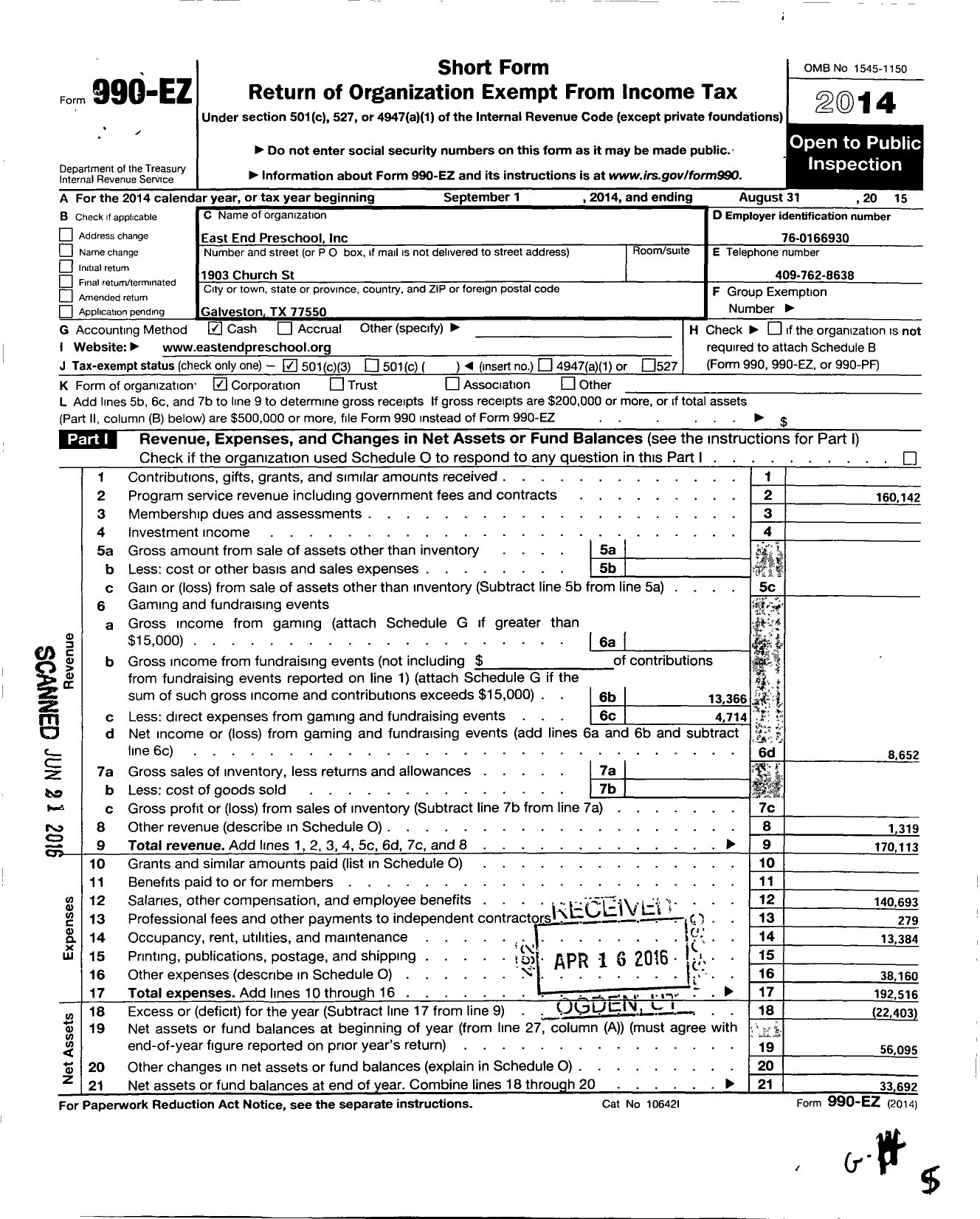 Image of first page of 2014 Form 990EZ for East End Preschool