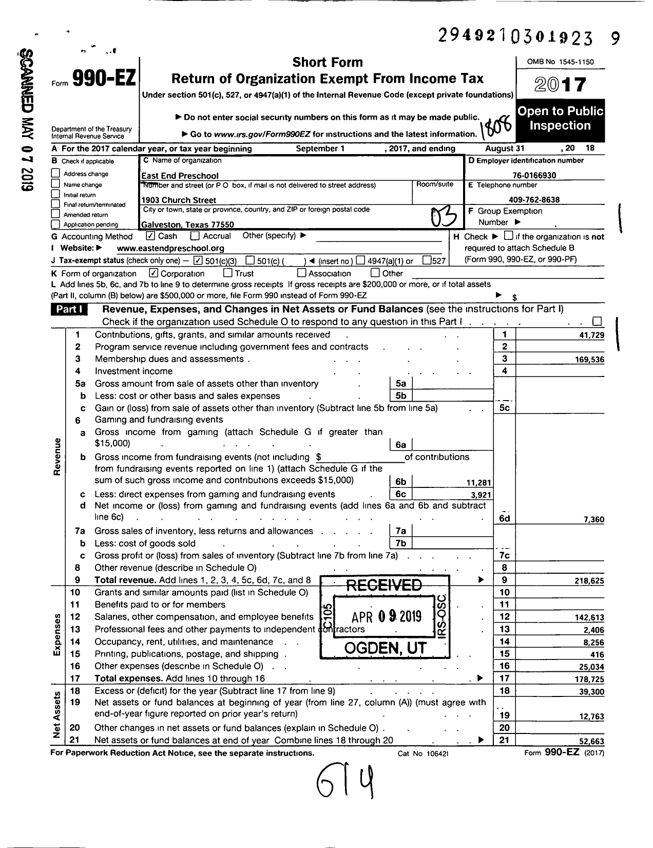 Image of first page of 2017 Form 990EZ for East End Preschool