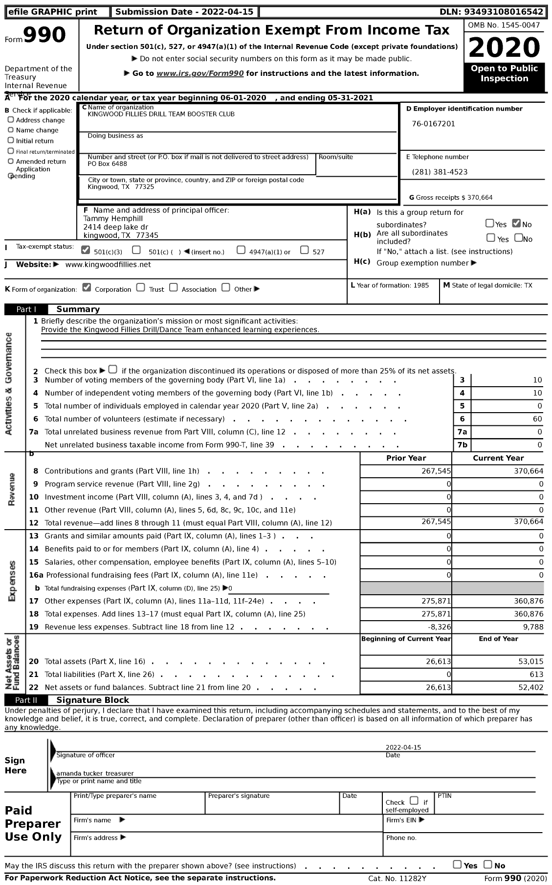 Image of first page of 2020 Form 990 for Kingwood Fillies Drill Team Booster Club