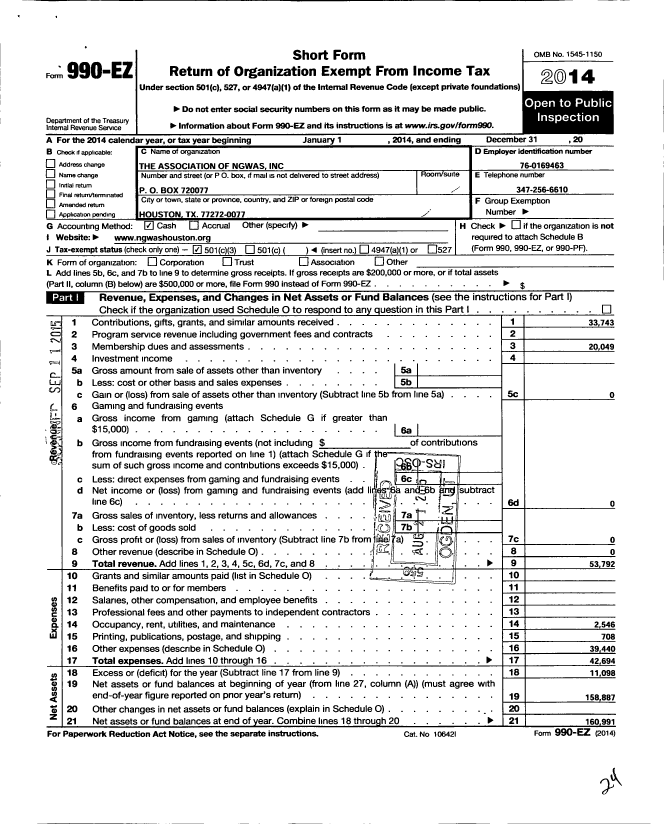 Image of first page of 2014 Form 990EZ for Association of Ngwas