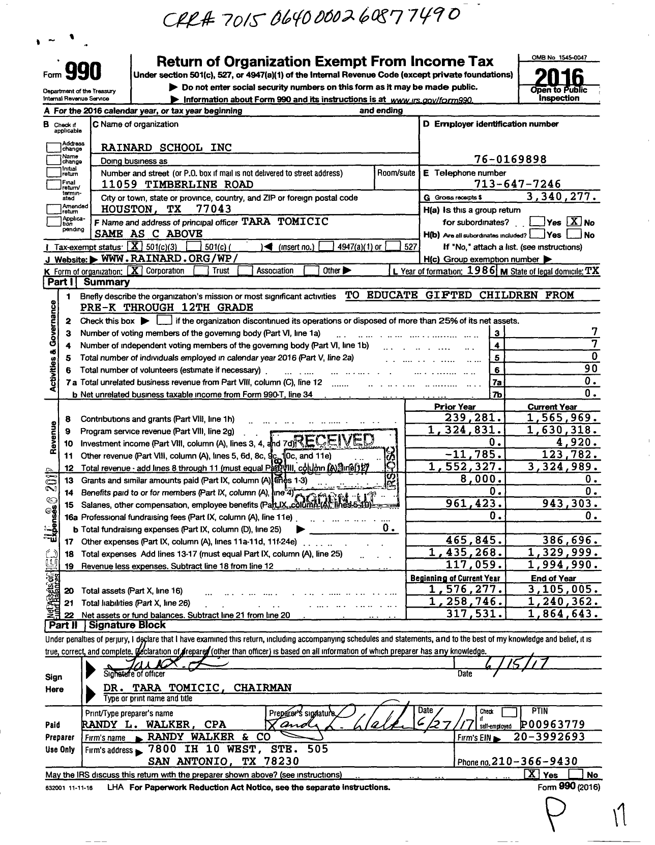 Image of first page of 2016 Form 990 for Rainard School