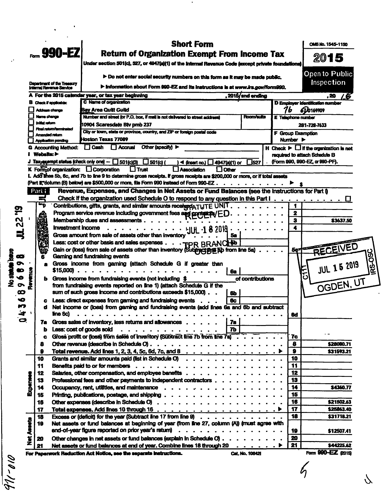 Image of first page of 2015 Form 990EO for Bay Area Quilt Guild