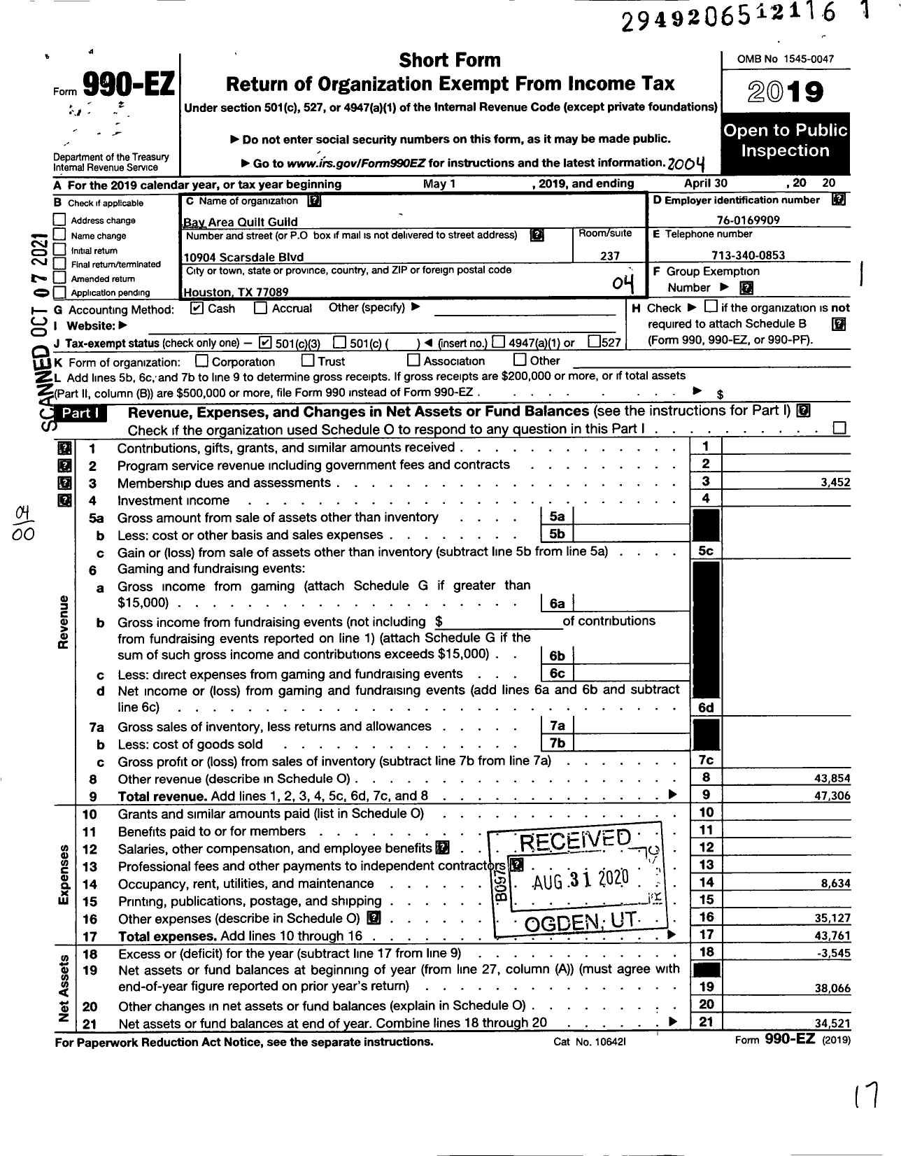 Image of first page of 2019 Form 990EO for Bay Area Quilt Guild