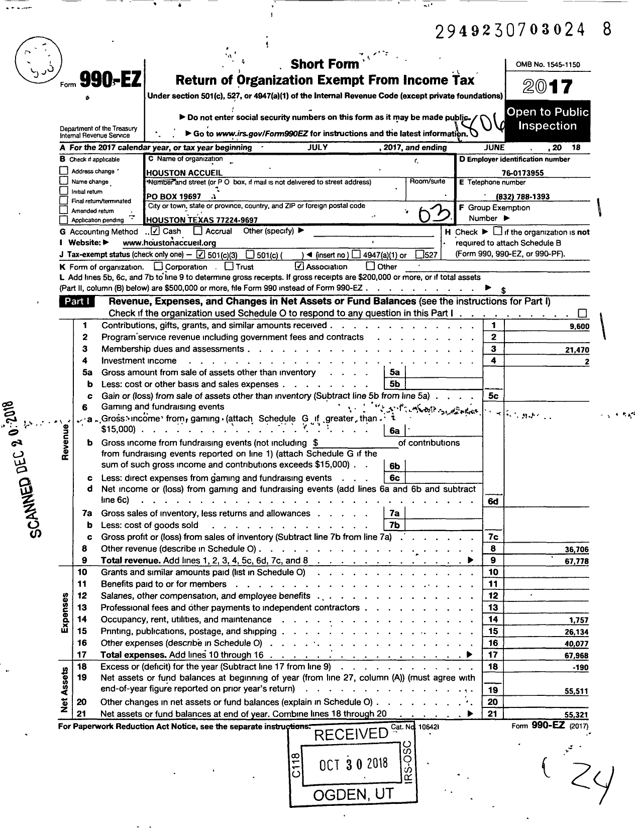 Image of first page of 2017 Form 990EZ for Houston Accueil