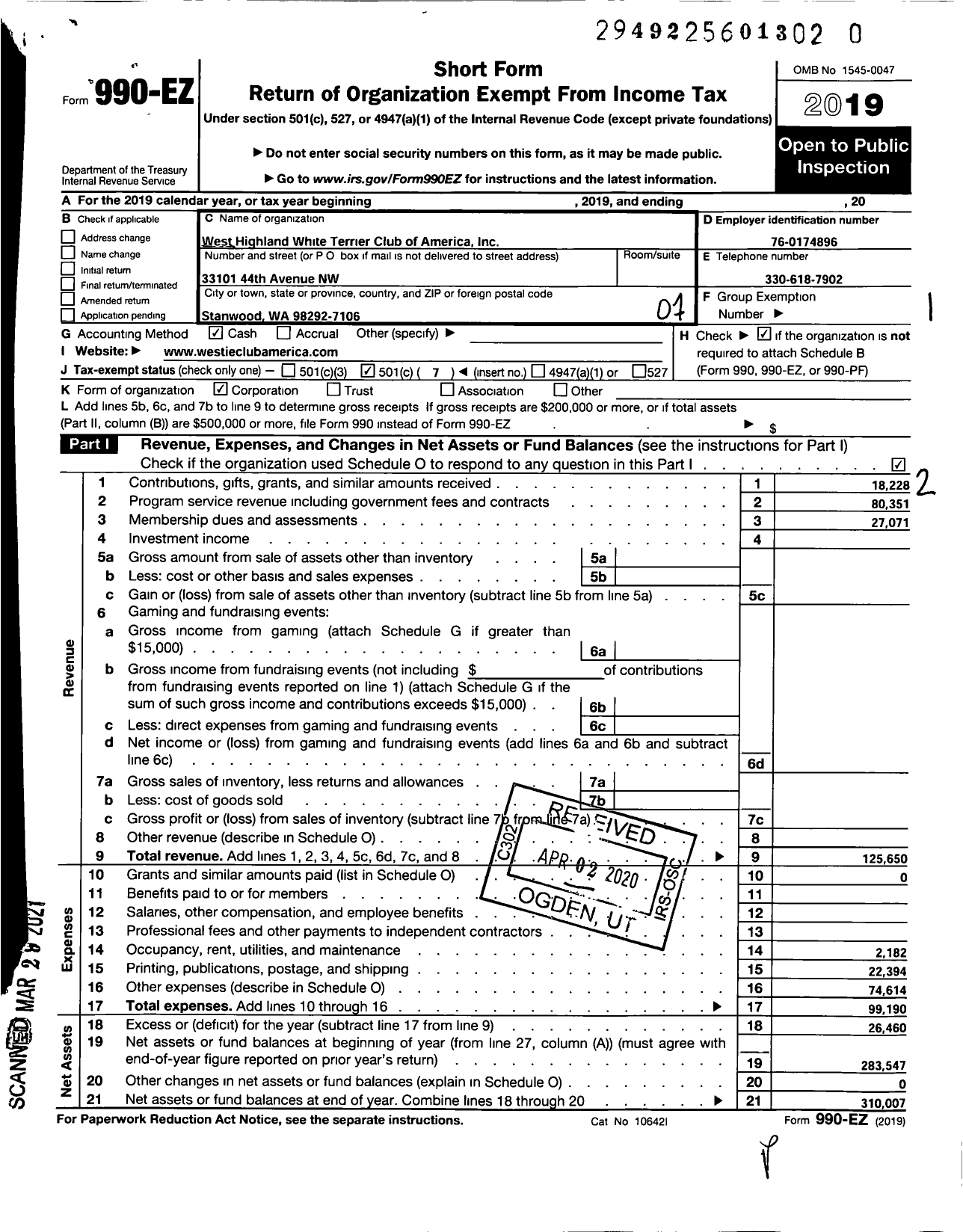 Image of first page of 2019 Form 990EO for West Highland White Terrier Club of America