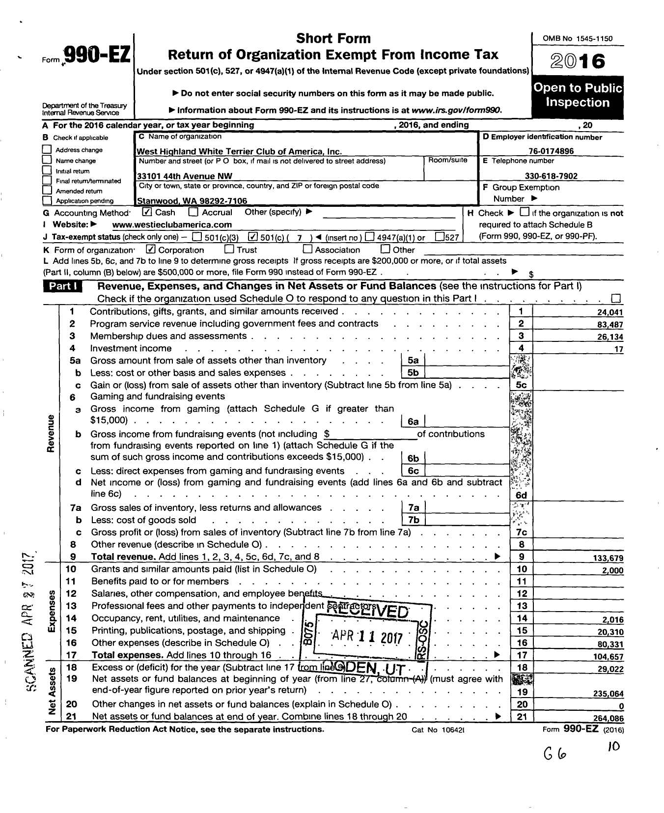 Image of first page of 2016 Form 990EO for West Highland White Terrier Club of America