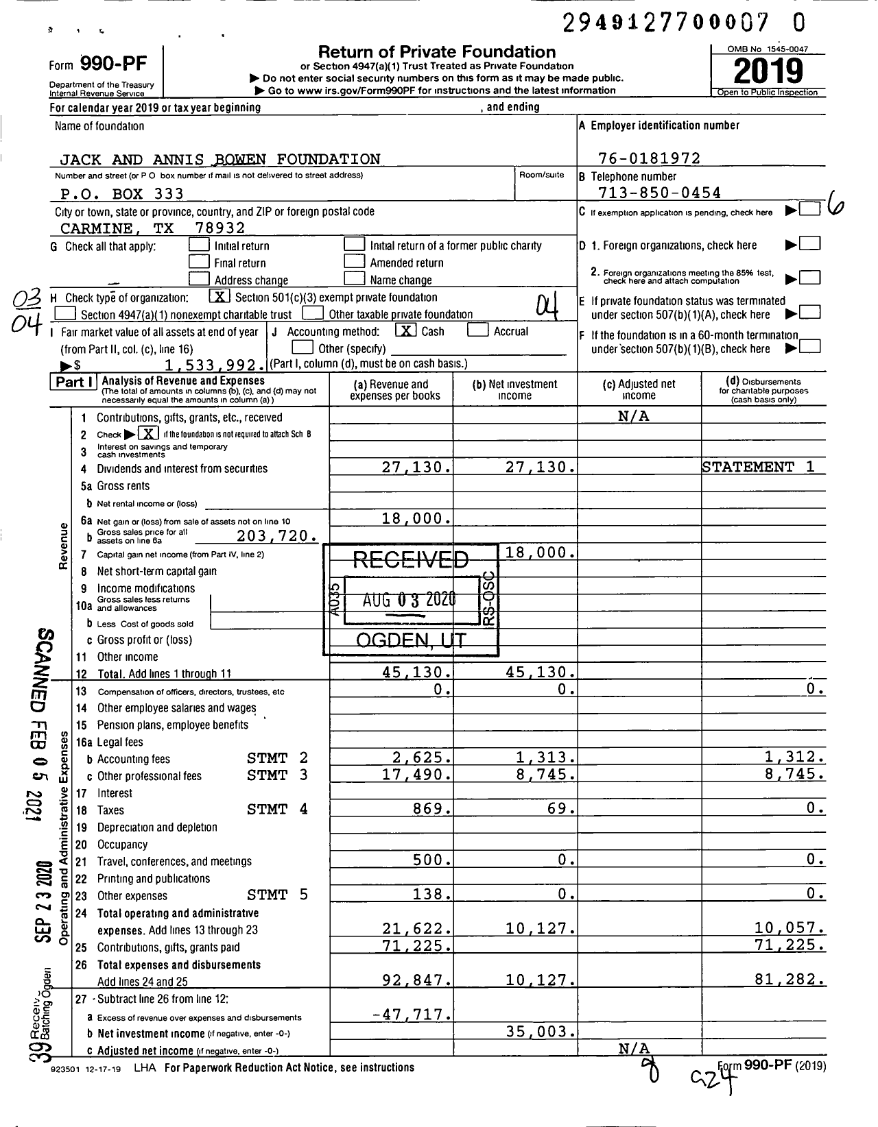 Image of first page of 2019 Form 990PF for Jack and Annis Bowen Foundation