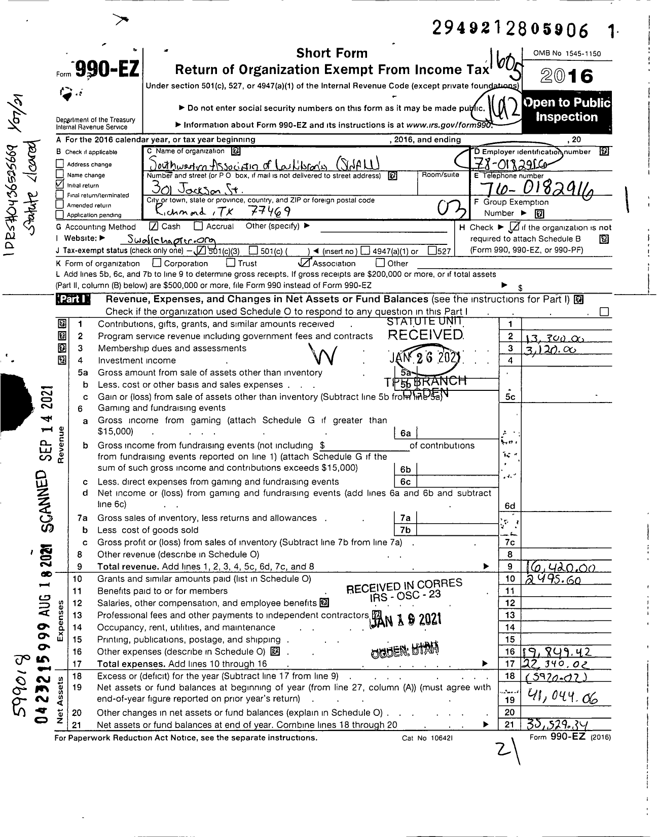 Image of first page of 2015 Form 990EZ for Southwestern Association of Law Libraries (SWALL)