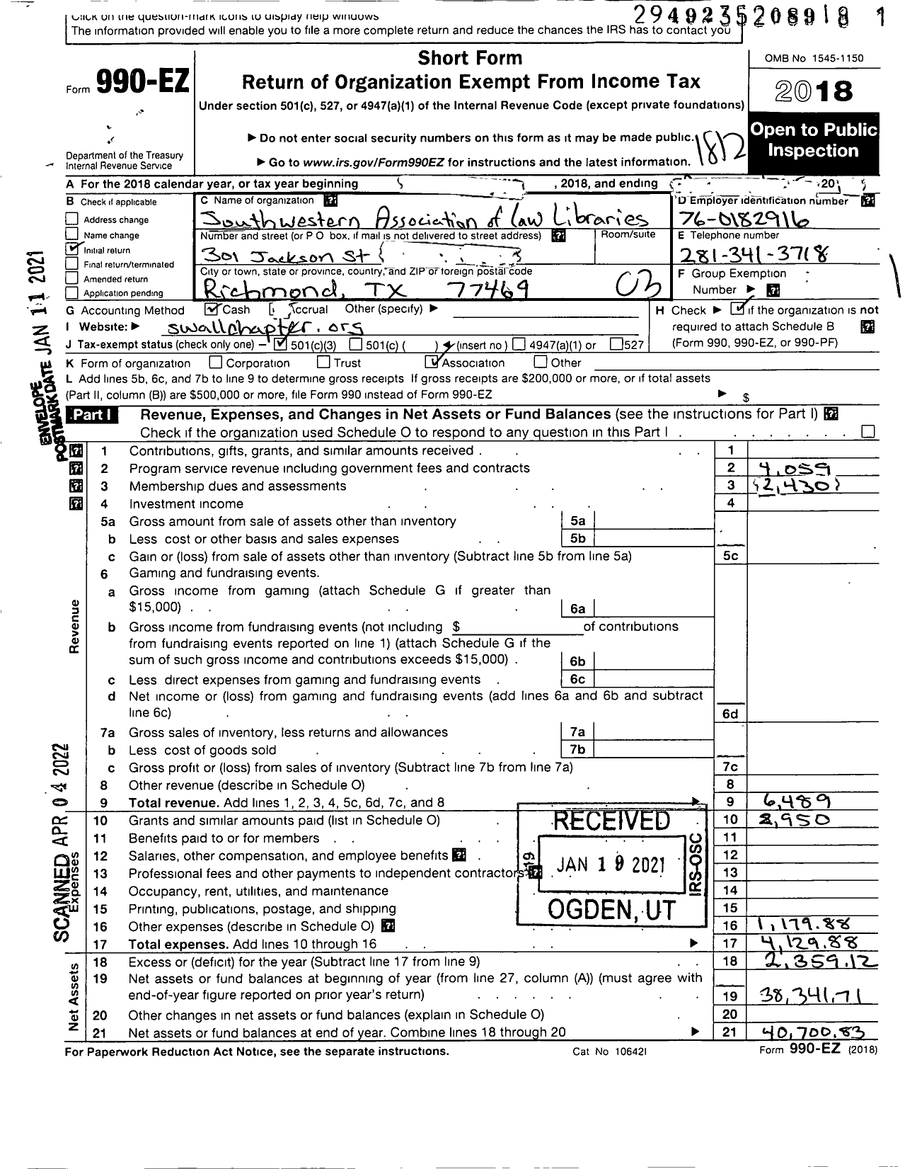 Image of first page of 2018 Form 990EZ for Southwestern Association of Law Libraries (SWALL)