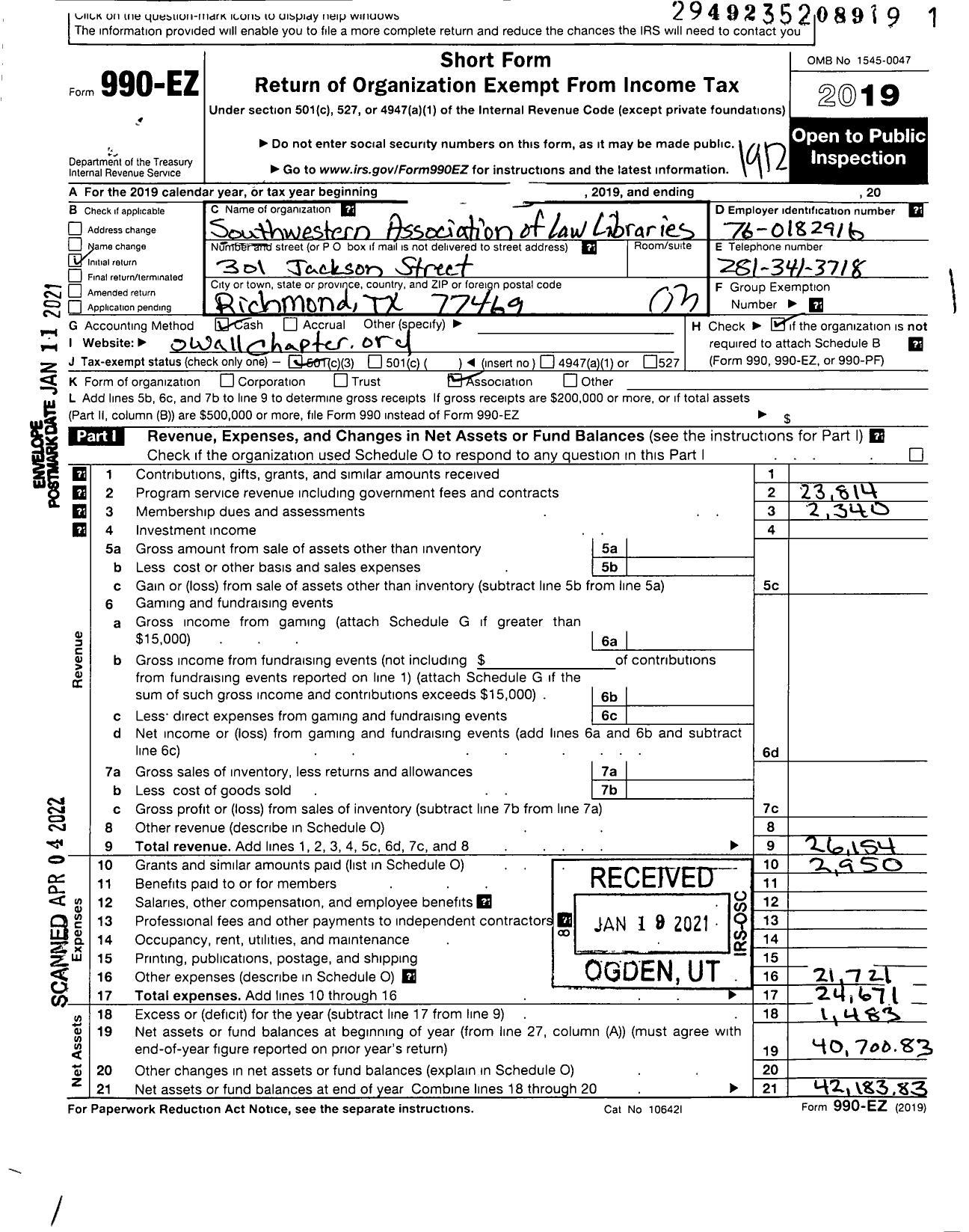 Image of first page of 2019 Form 990EZ for Southwestern Association of Law Libraries (SWALL)