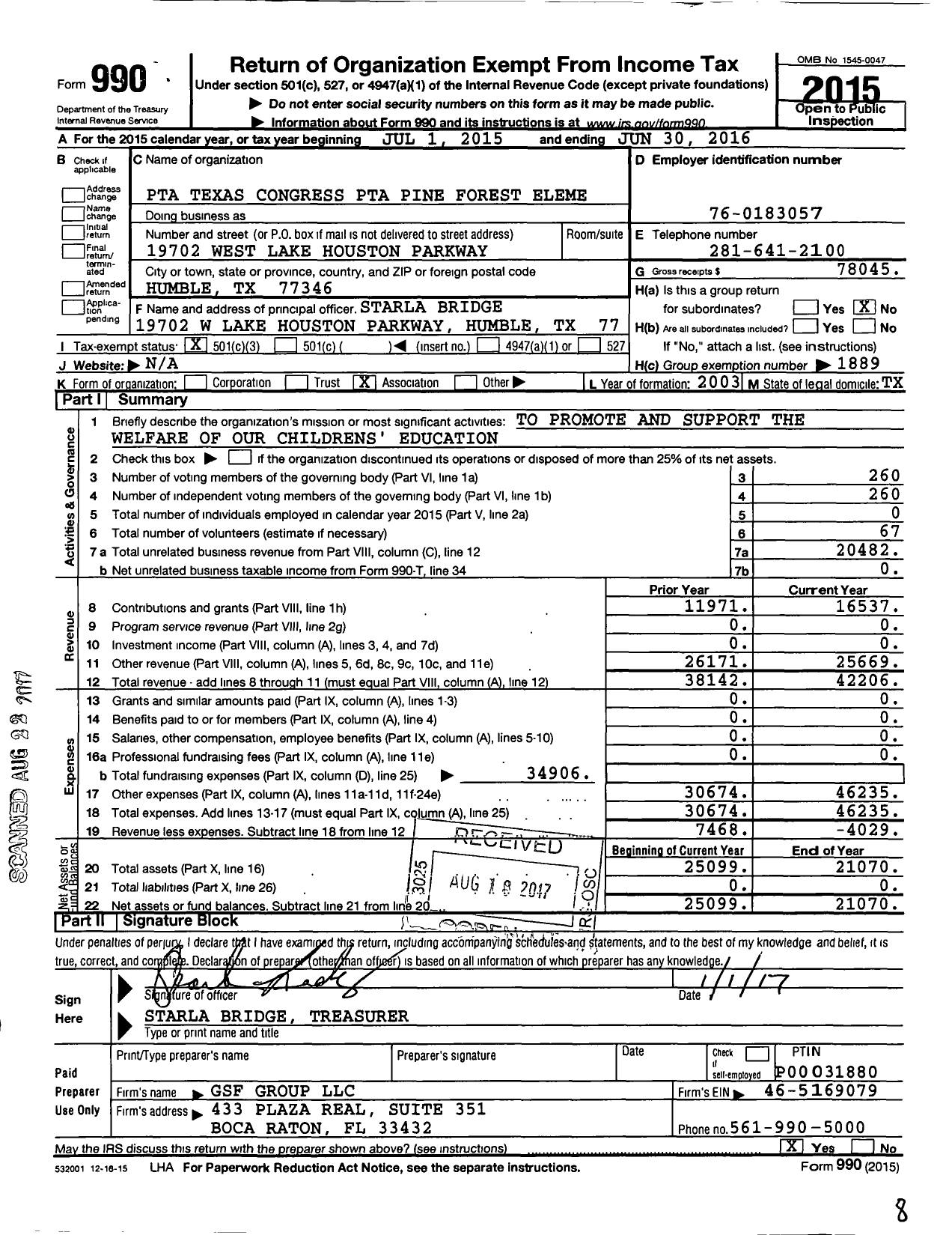 Image of first page of 2015 Form 990 for Pine Forest Elementary