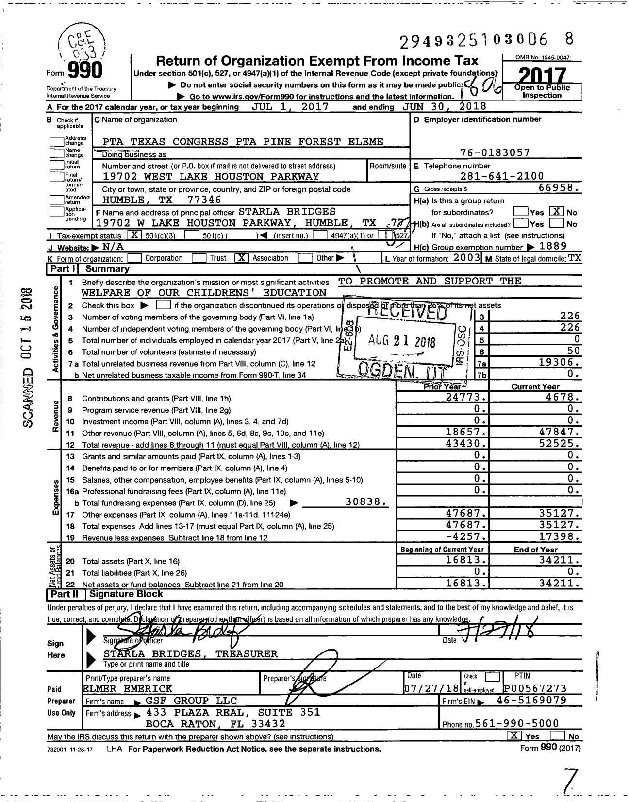 Image of first page of 2017 Form 990 for Pine Forest Elementary