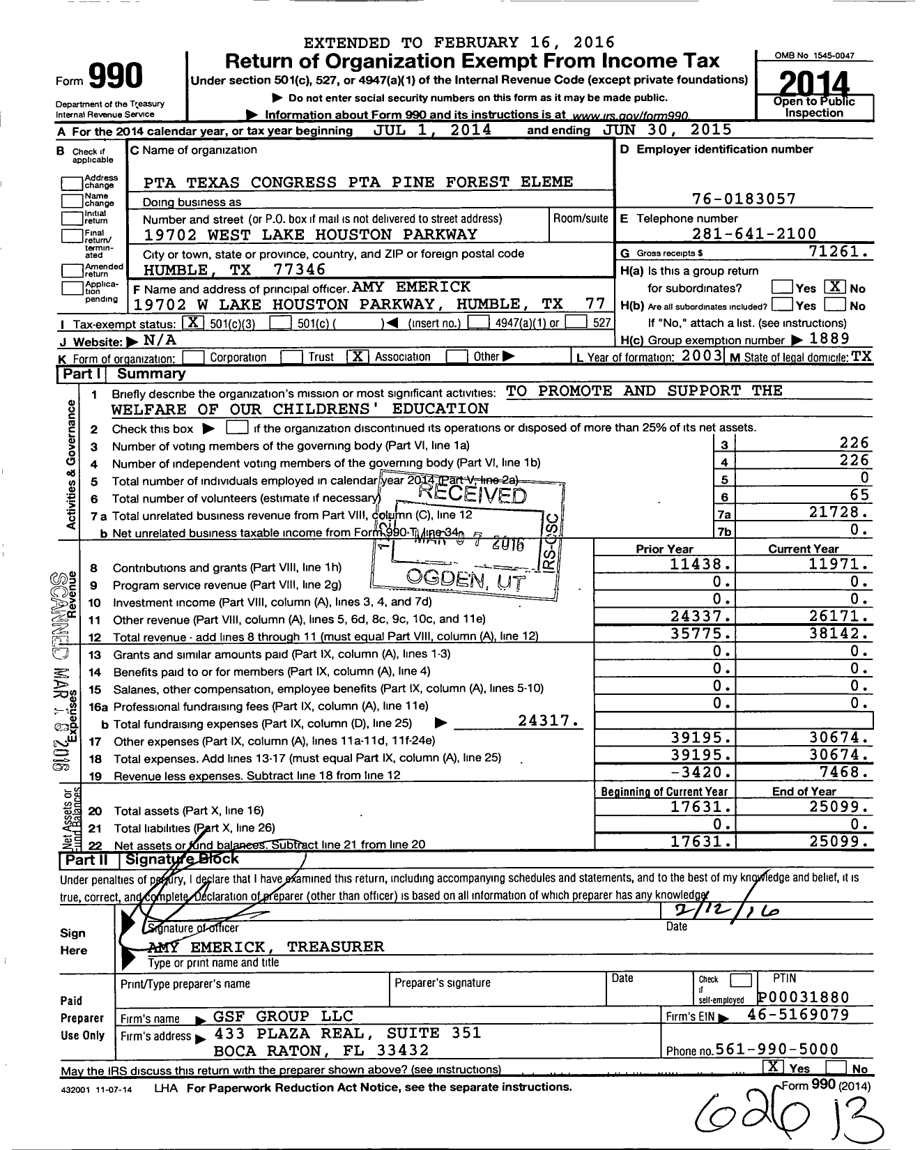 Image of first page of 2014 Form 990 for Pine Forest Elementary