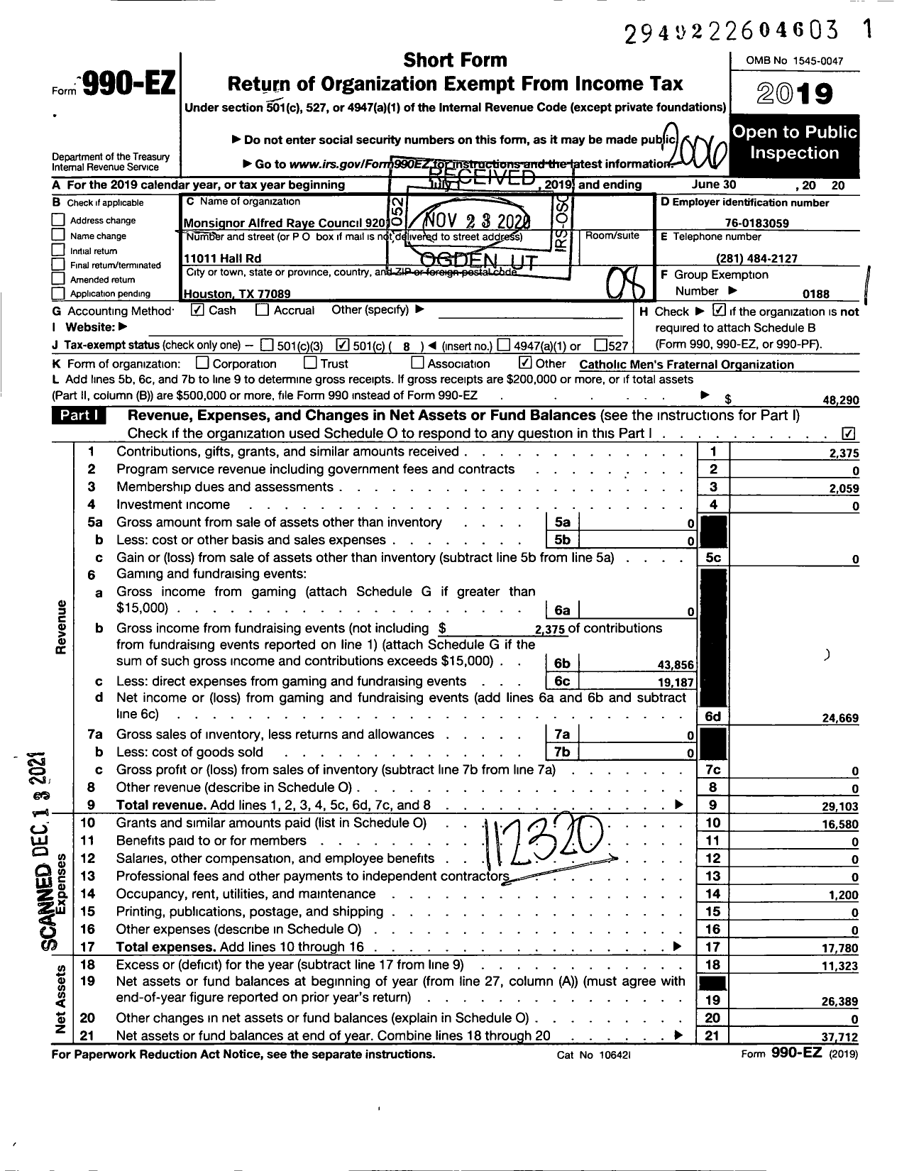 Image of first page of 2019 Form 990EO for Knights of Columbus - 9201 Council Rev Monsignor Aldred R