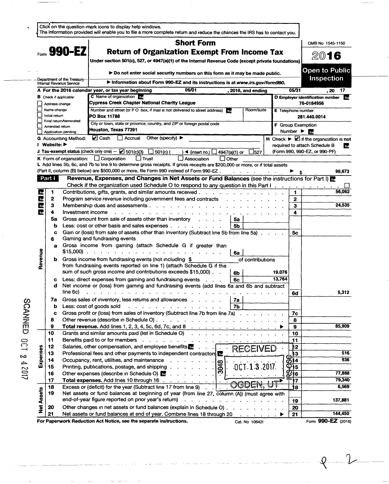 Image of first page of 2016 Form 990EZ for Cypress Creek Chapter National Charity League