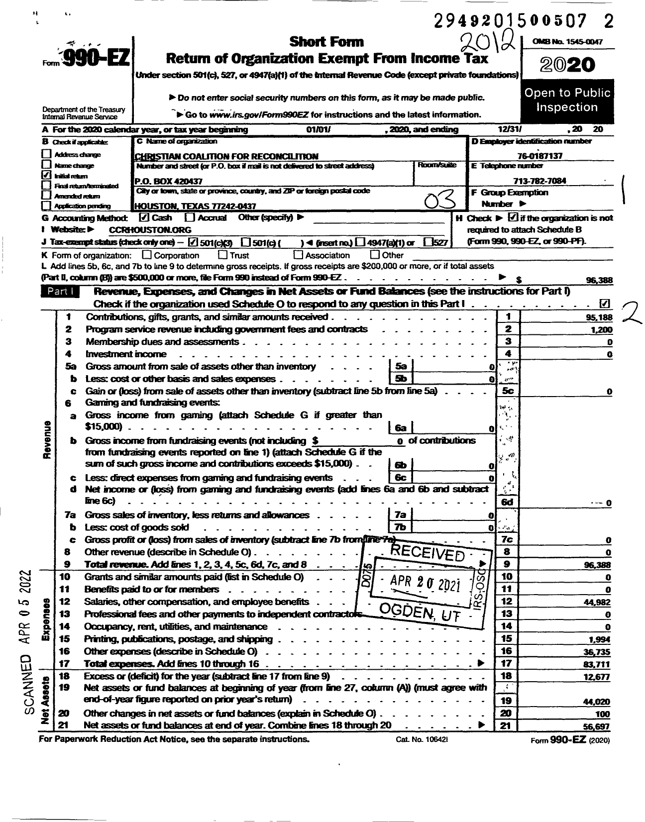 Image of first page of 2020 Form 990EZ for Christian Coalition for Reconciliation