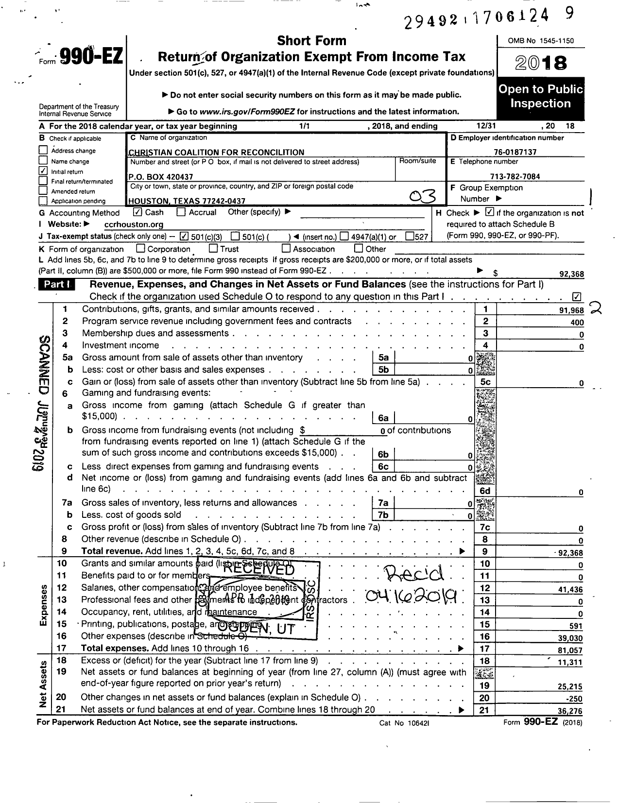 Image of first page of 2018 Form 990EZ for Christian Coalition for Reconciliation