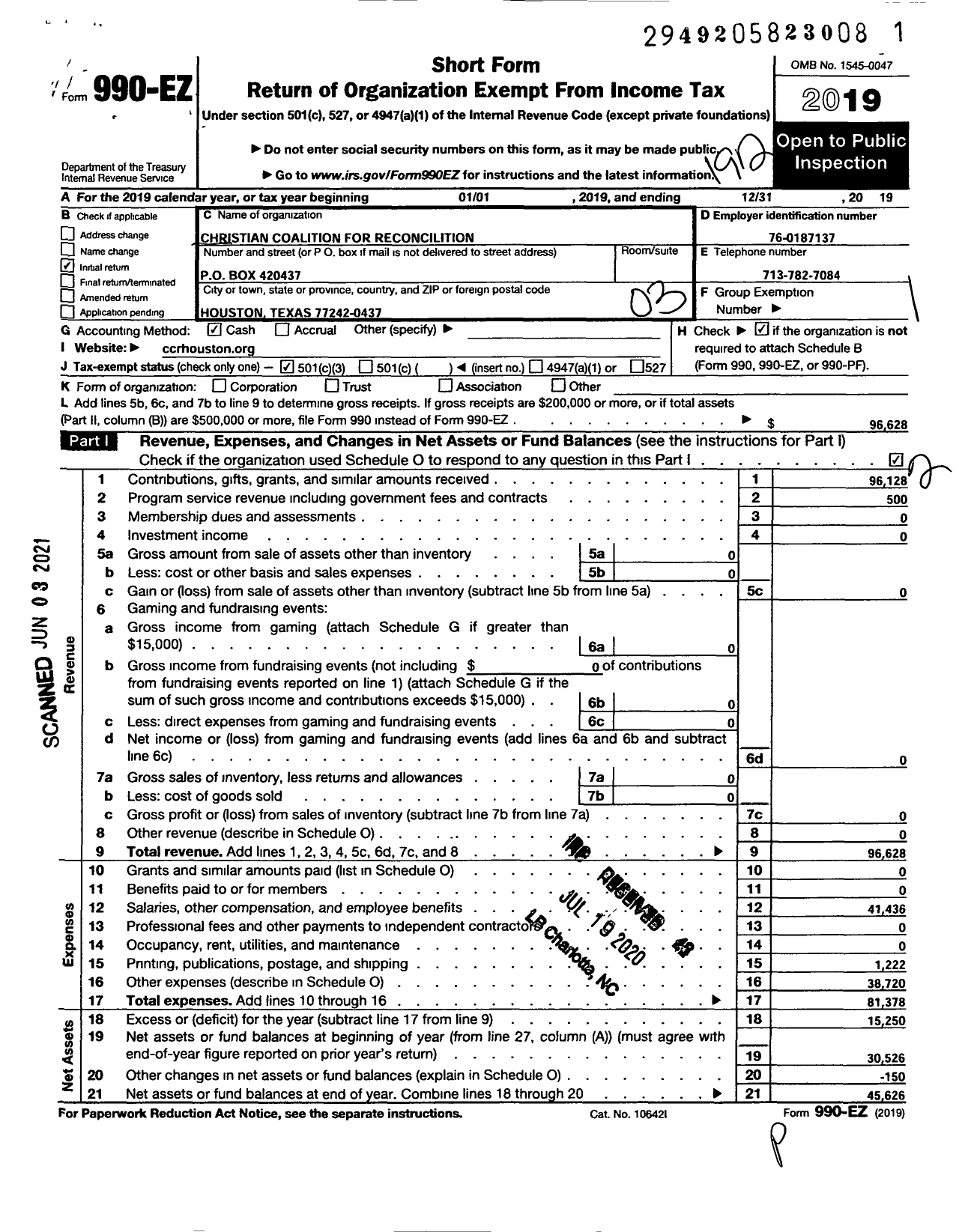 Image of first page of 2019 Form 990EZ for Christian Coalition for Reconciliation