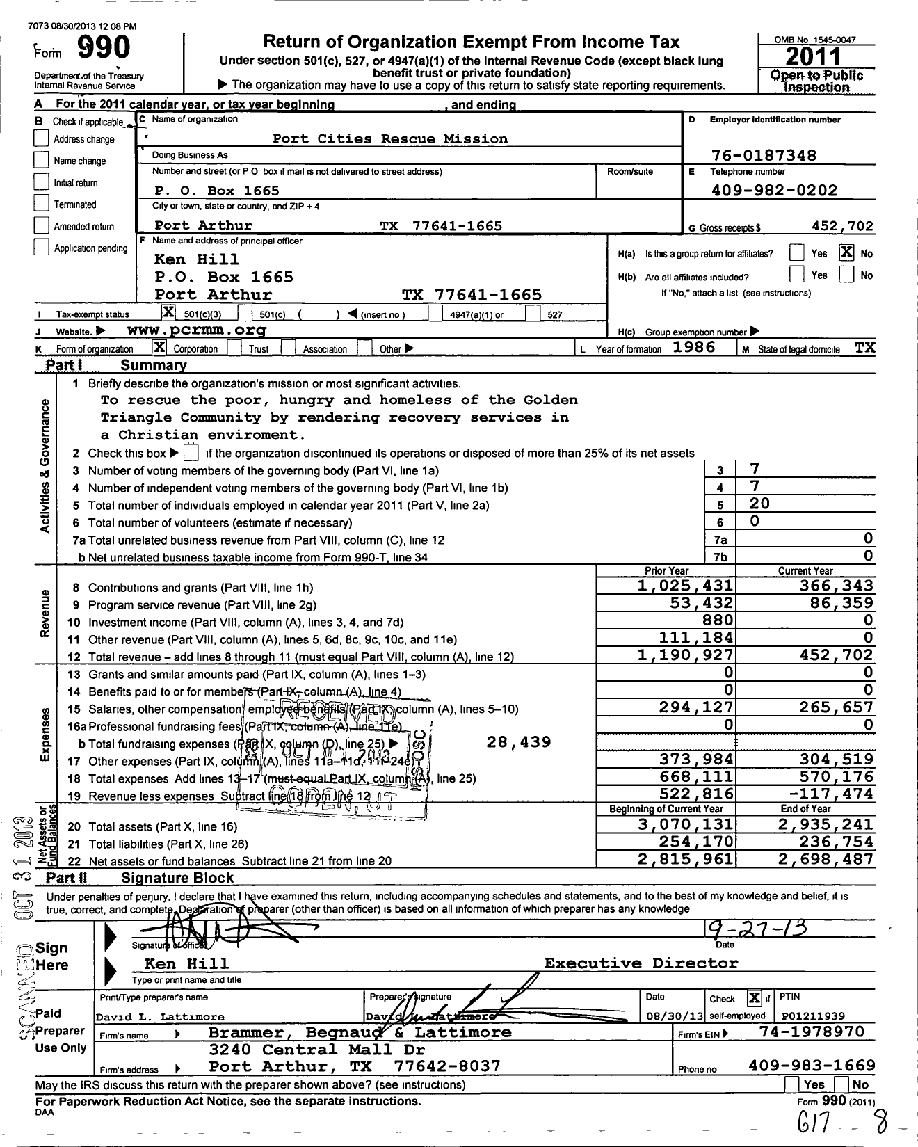 Image of first page of 2011 Form 990 for Port Cities Rescue Mission