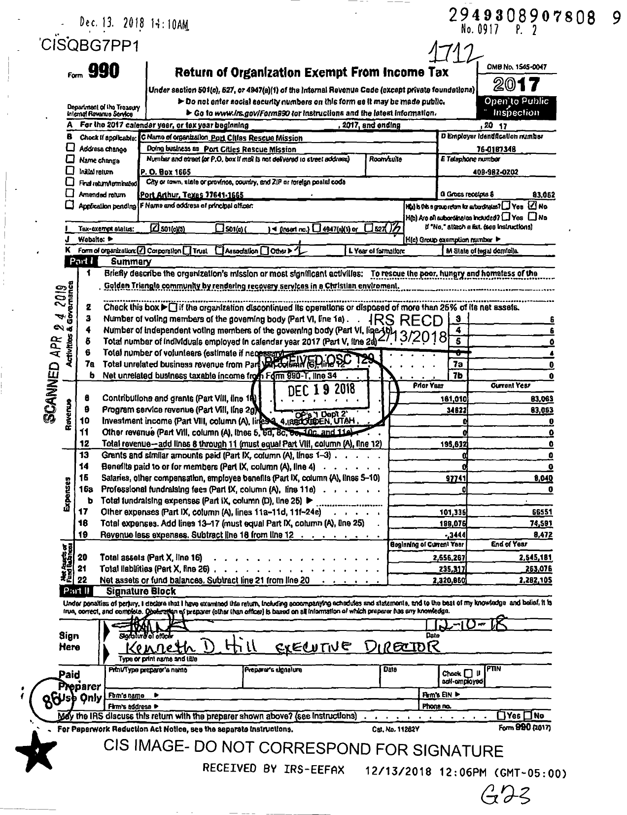 Image of first page of 2017 Form 990 for Port Cities Rescue Mission