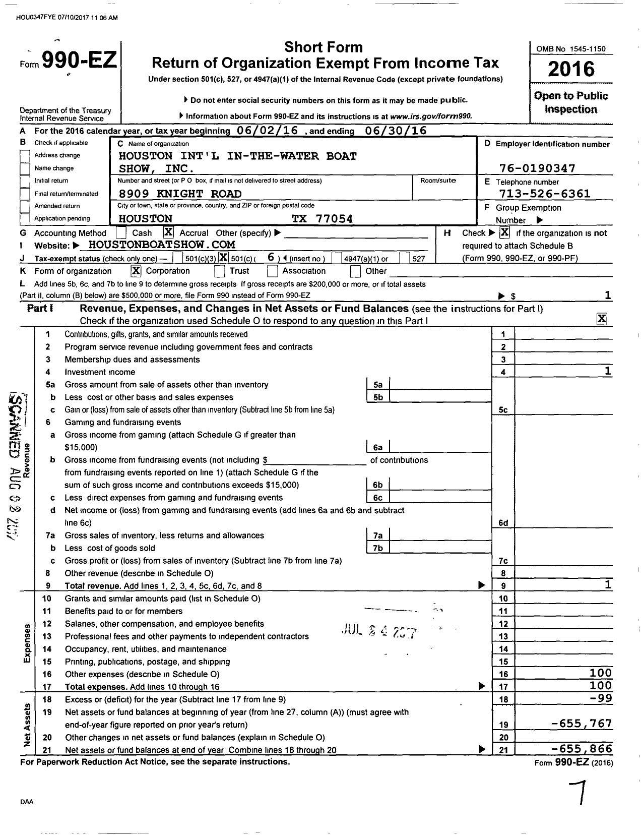 Image of first page of 2015 Form 990EO for Houston International In-The-Water Boat