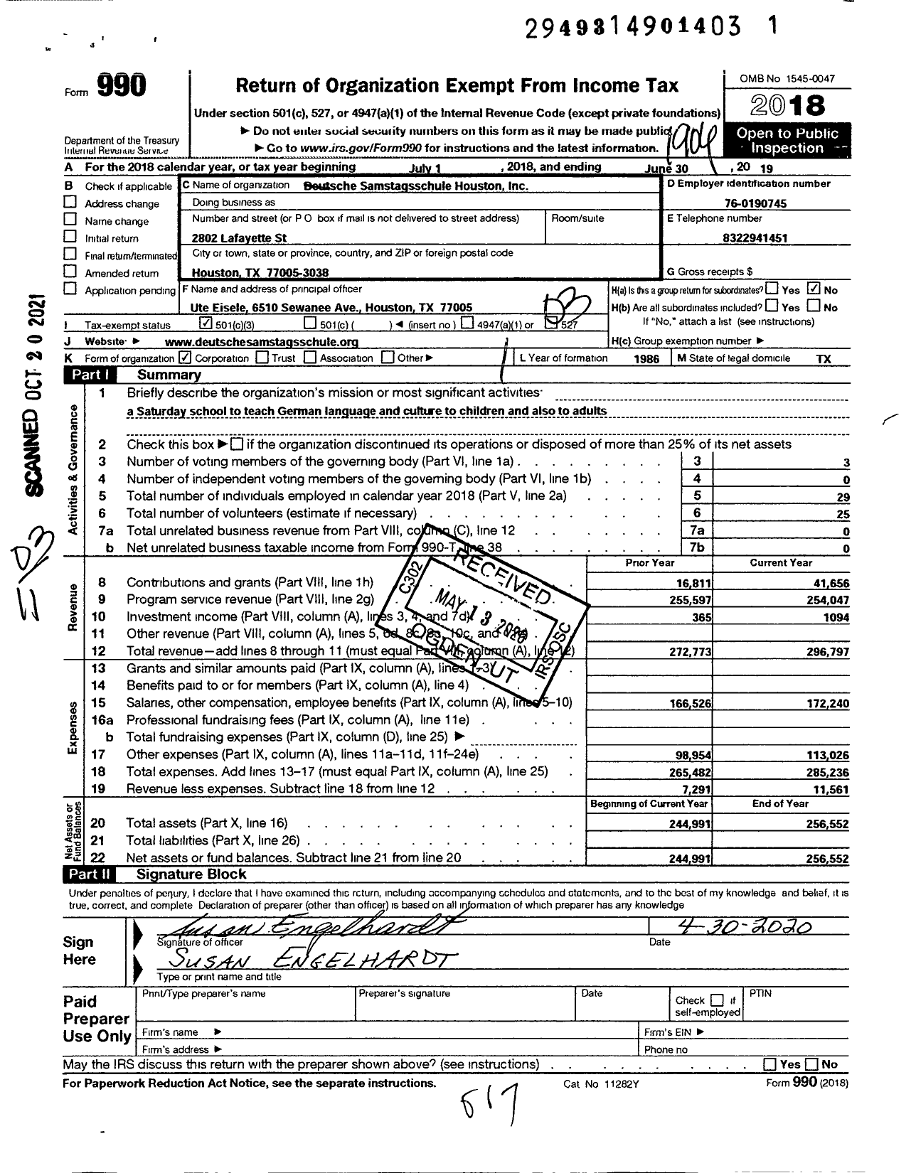 Image of first page of 2018 Form 990 for Deutsche Samstgsschule Houston