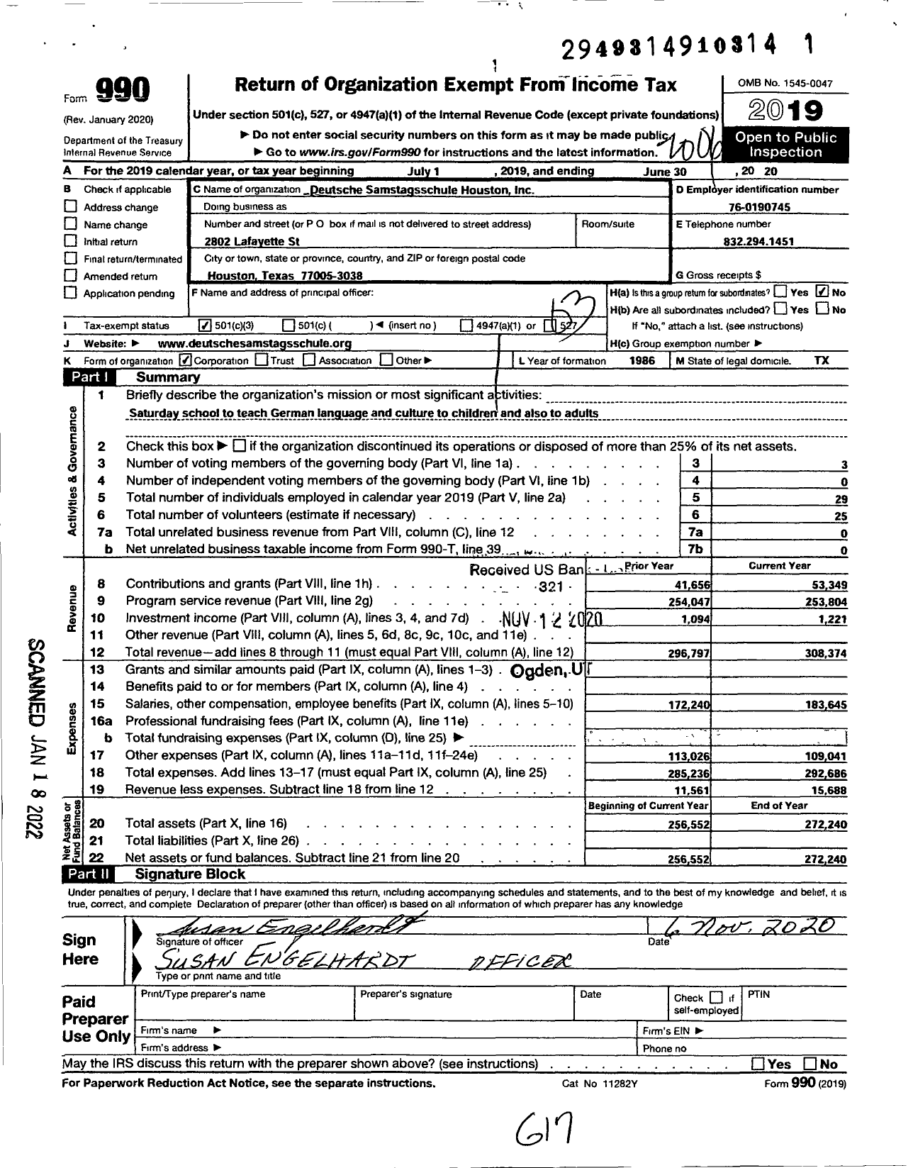 Image of first page of 2019 Form 990 for Deutsche Samstgsschule Houston