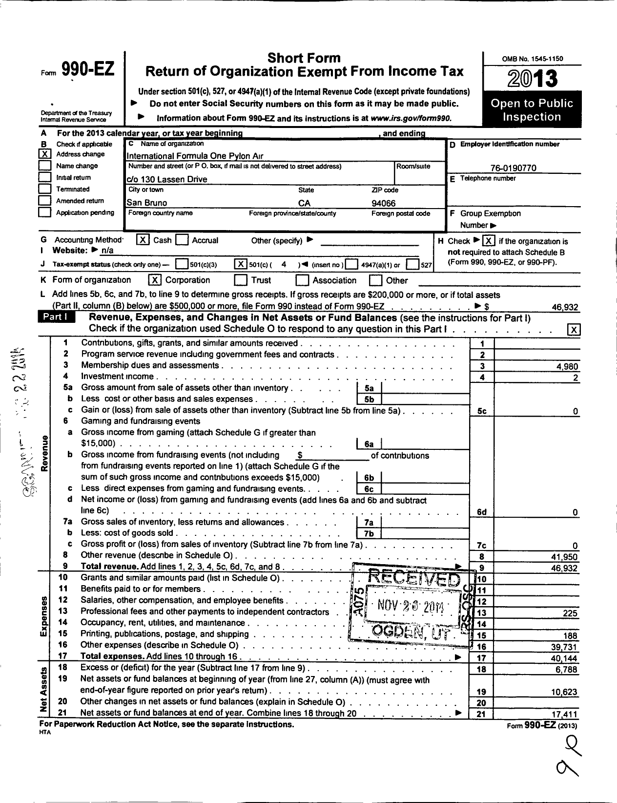 Image of first page of 2013 Form 990EO for International Formula One Pylon Air Racing