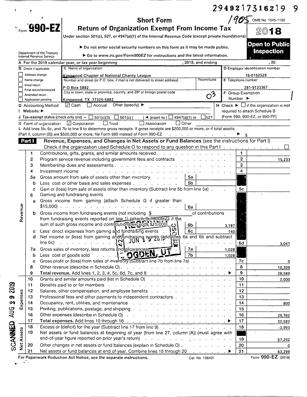 Image of first page of 2018 Form 990EZ for KINGWOOD CHAPTER NATionaL CHARITY LEAGUE