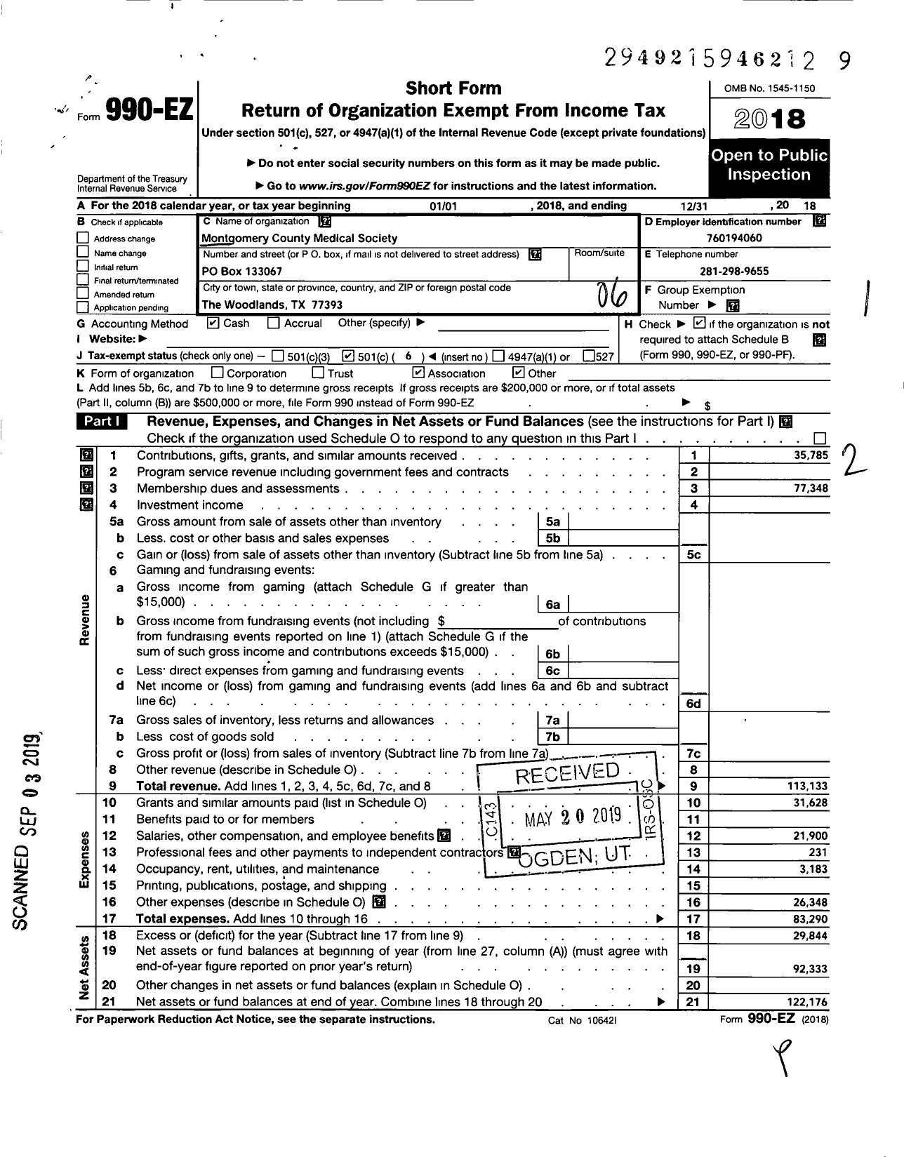 Image of first page of 2018 Form 990EO for Montgomery County Medical Society