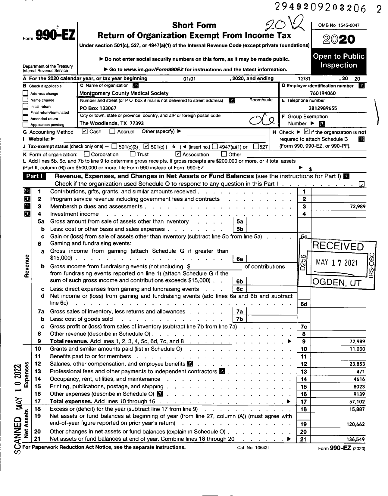 Image of first page of 2020 Form 990EO for Montgomery County Medical Society