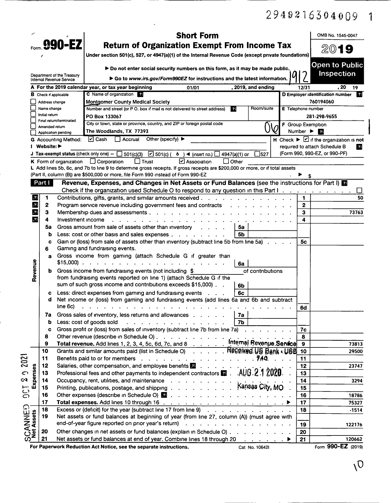 Image of first page of 2019 Form 990EO for Montgomery County Medical Society