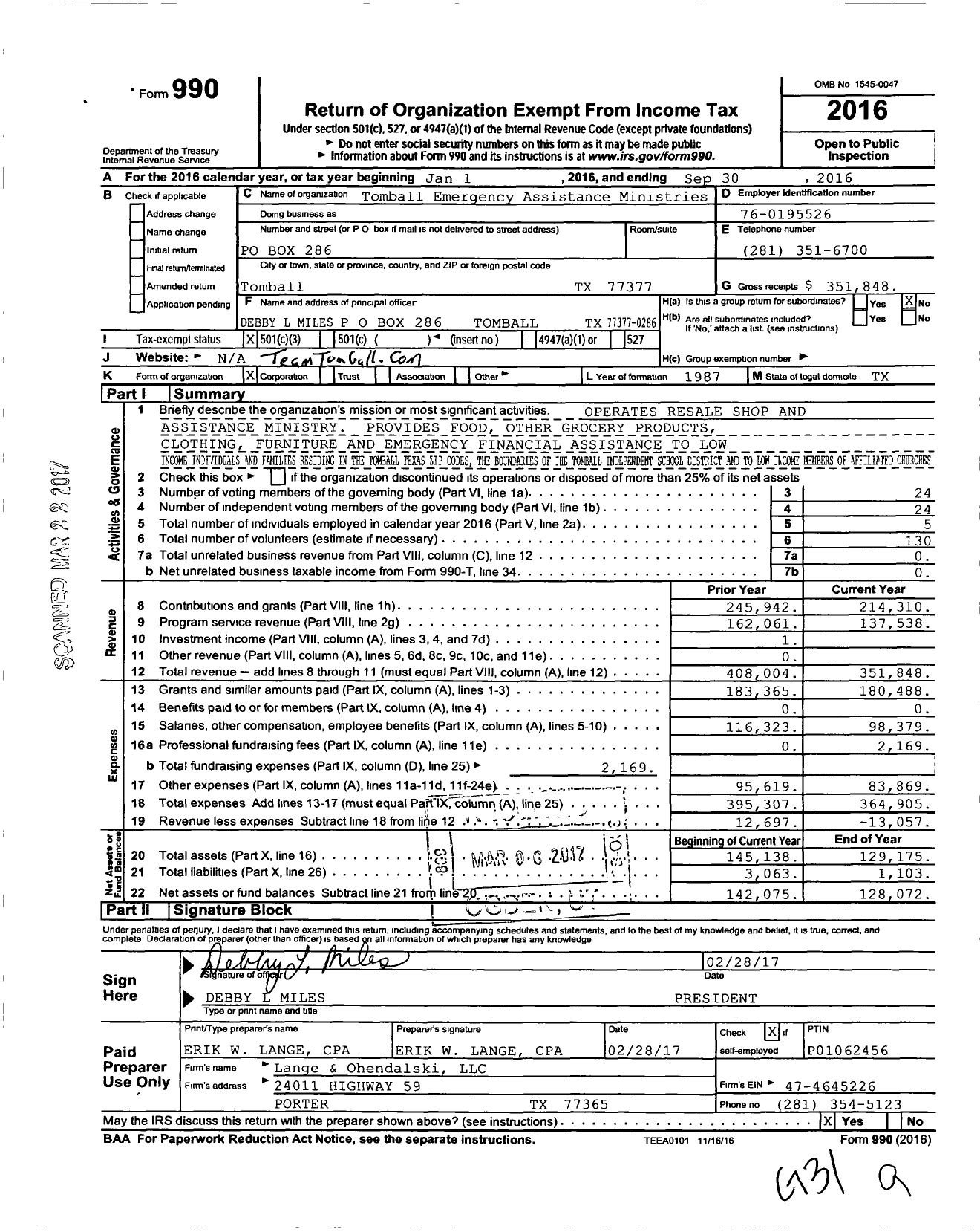 Image of first page of 2015 Form 990 for Tomball Emergency Assistance Ministries