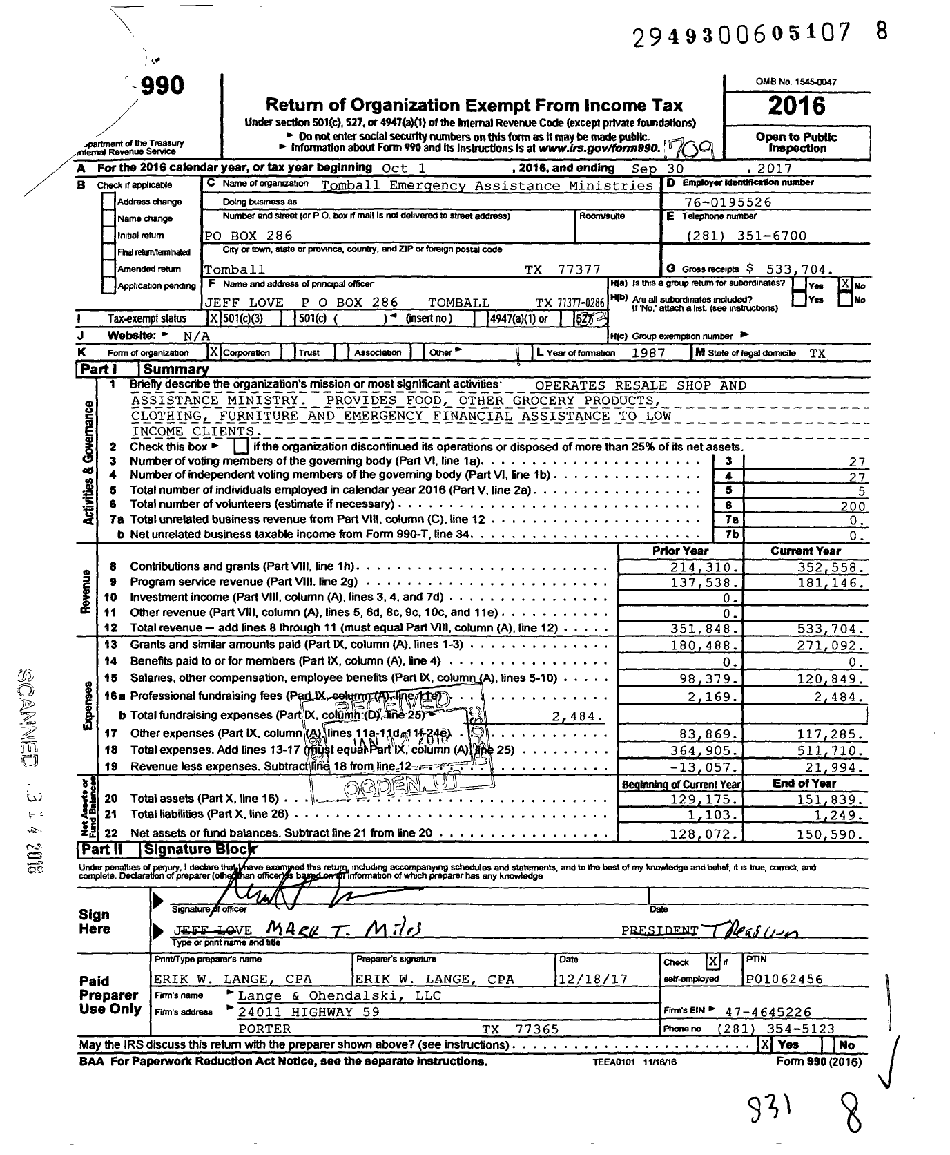 Image of first page of 2016 Form 990 for Tomball Emergency Assistance Ministries