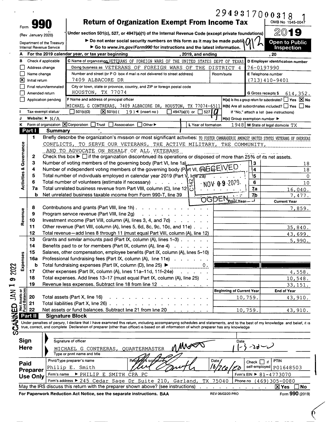 Image of first page of 2019 Form 990O for Texas VFW - Veterans of Foreign Wars of the District 4