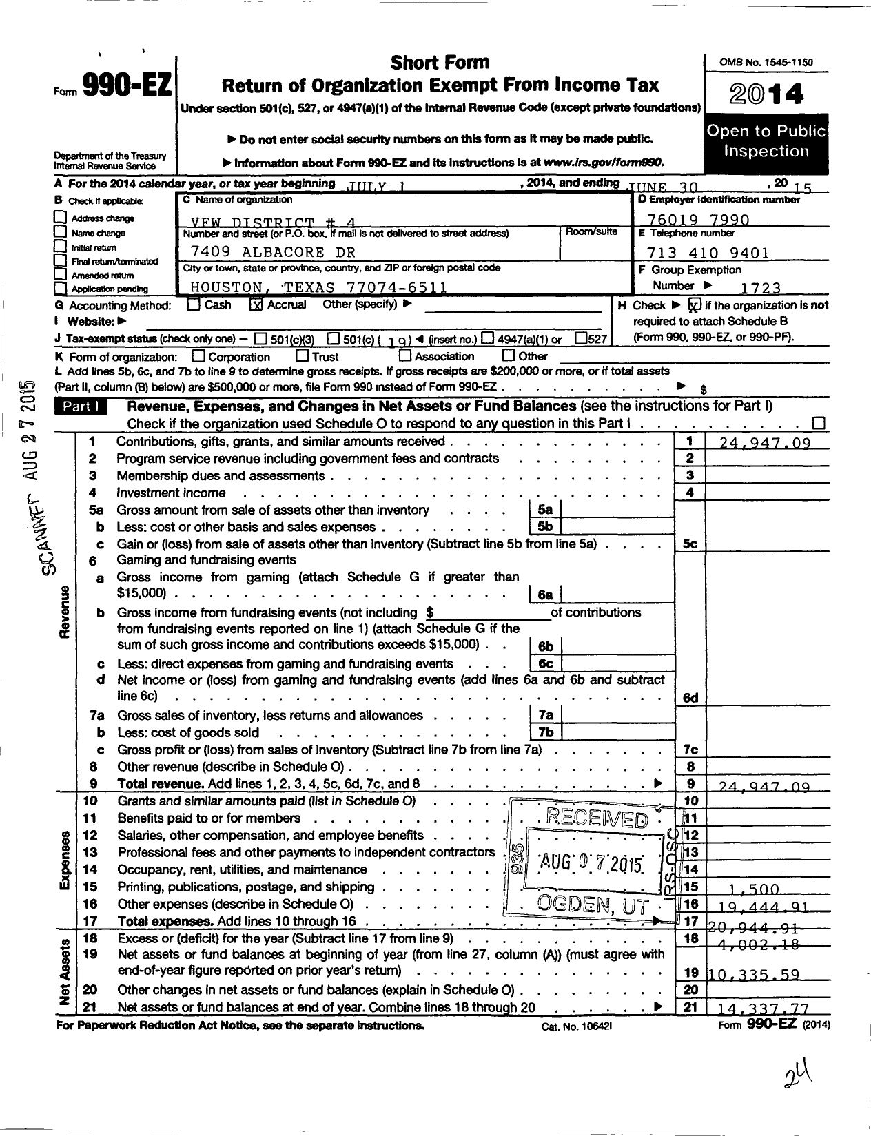 Image of first page of 2014 Form 990EO for Texas VFW - Veterans of Foreign Wars of the District 4