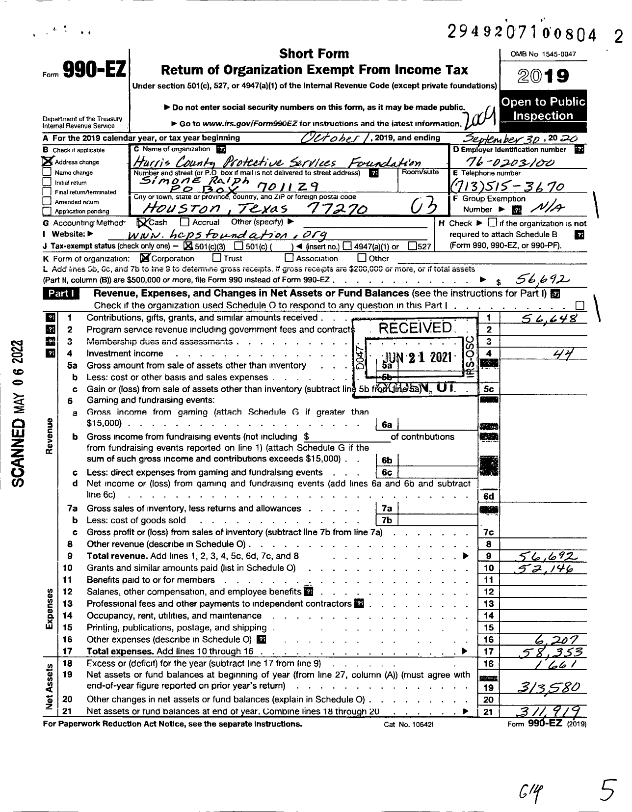 Image of first page of 2019 Form 990EZ for Harris Resource Foundation