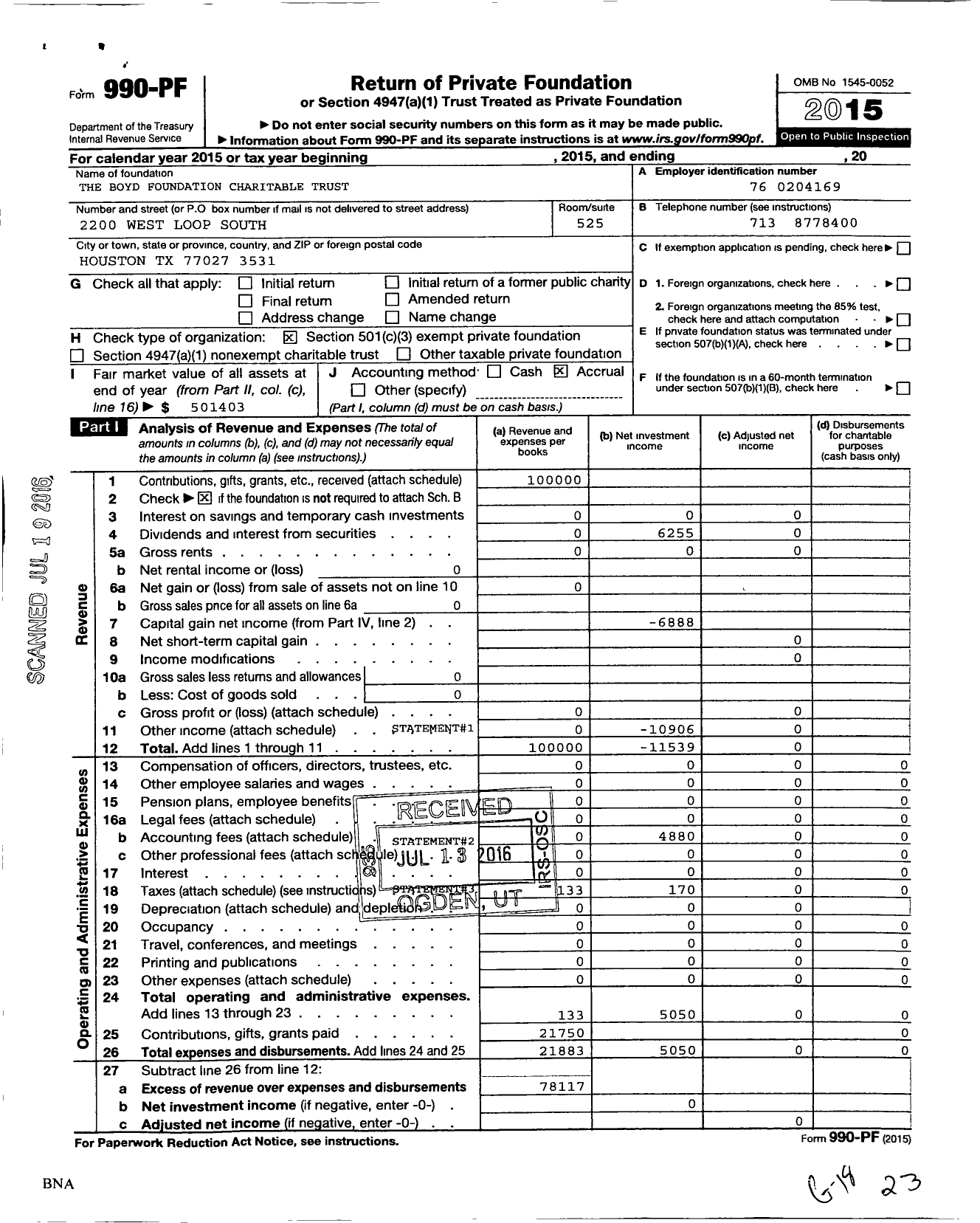 Image of first page of 2015 Form 990PF for The Boyd Foundation Charitable Trust